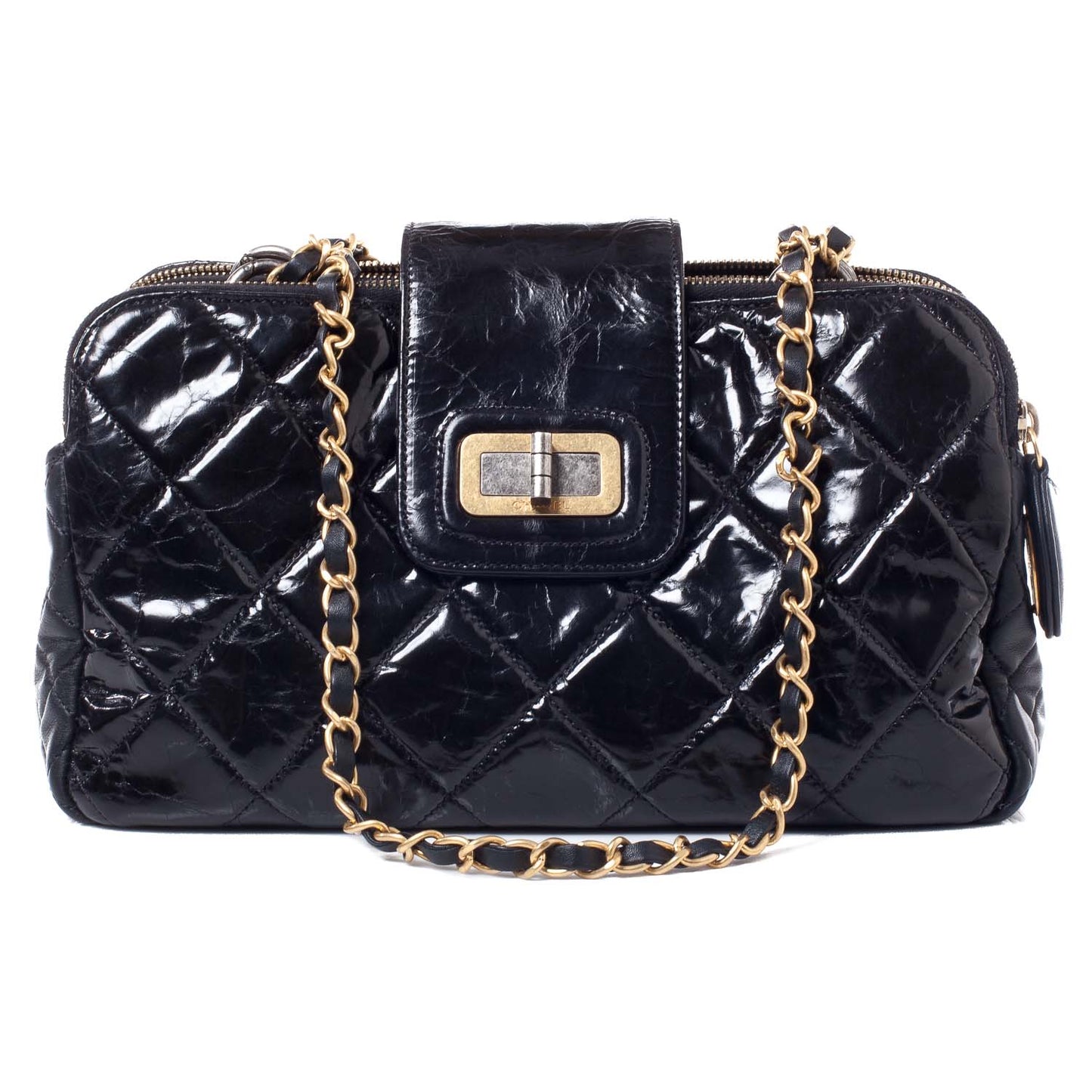 Glazed Calfskin Mademoiselle Zip Shopping Tote Black
