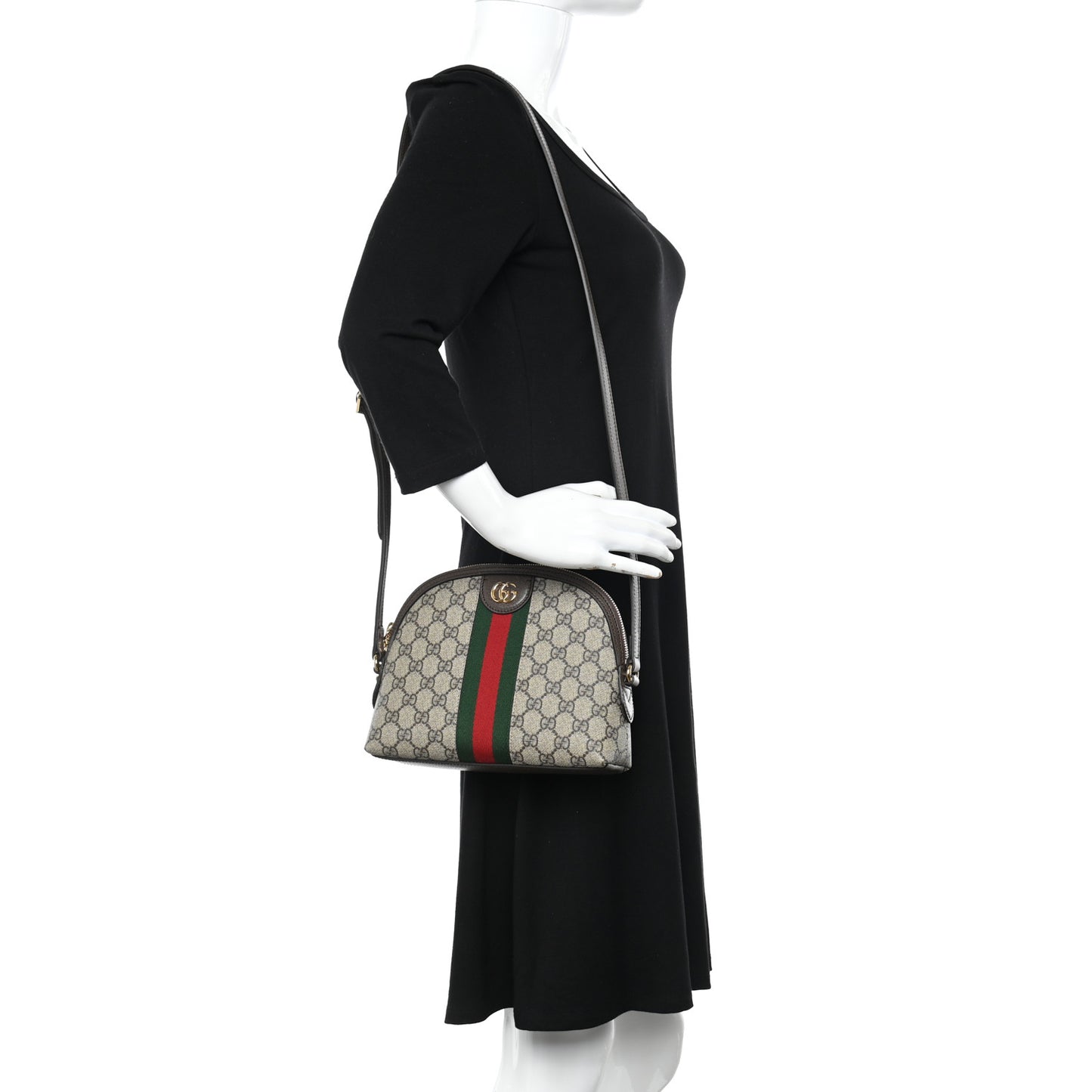 GG Supreme Monogram Textured Dollar Calfskin Web Small Ophidia Dome Shoulder Bag Beige Ebony New Acero