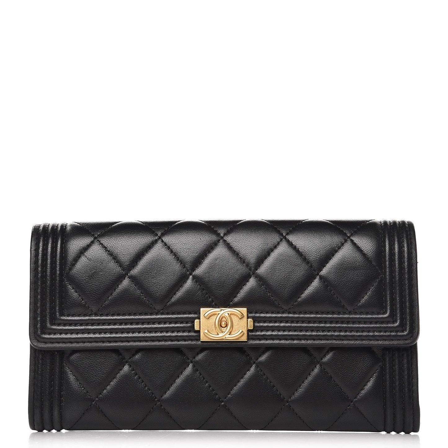 Lambskin Quilted Boy Large Gusset Flap Wallet Black