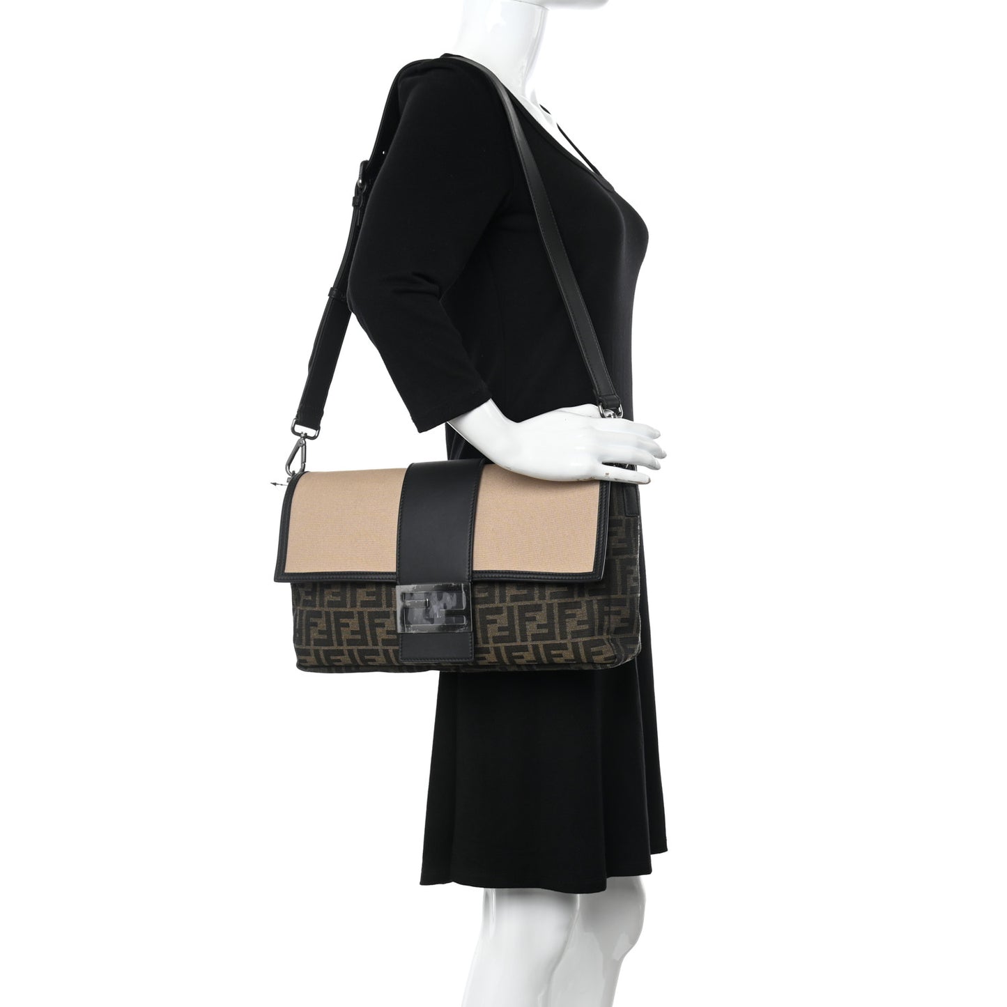 Recycled Fabric Jacquard Cotton Canvas Vitello Grace FF 1974 Large Convertible Baguette Tobacco Moro Black Beige