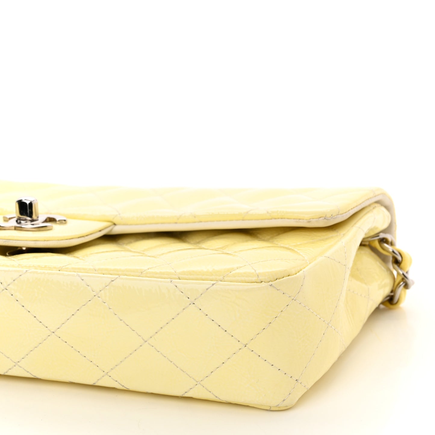 Distressed Patent Calfskin Quilted East West Flap Clutch Ivory