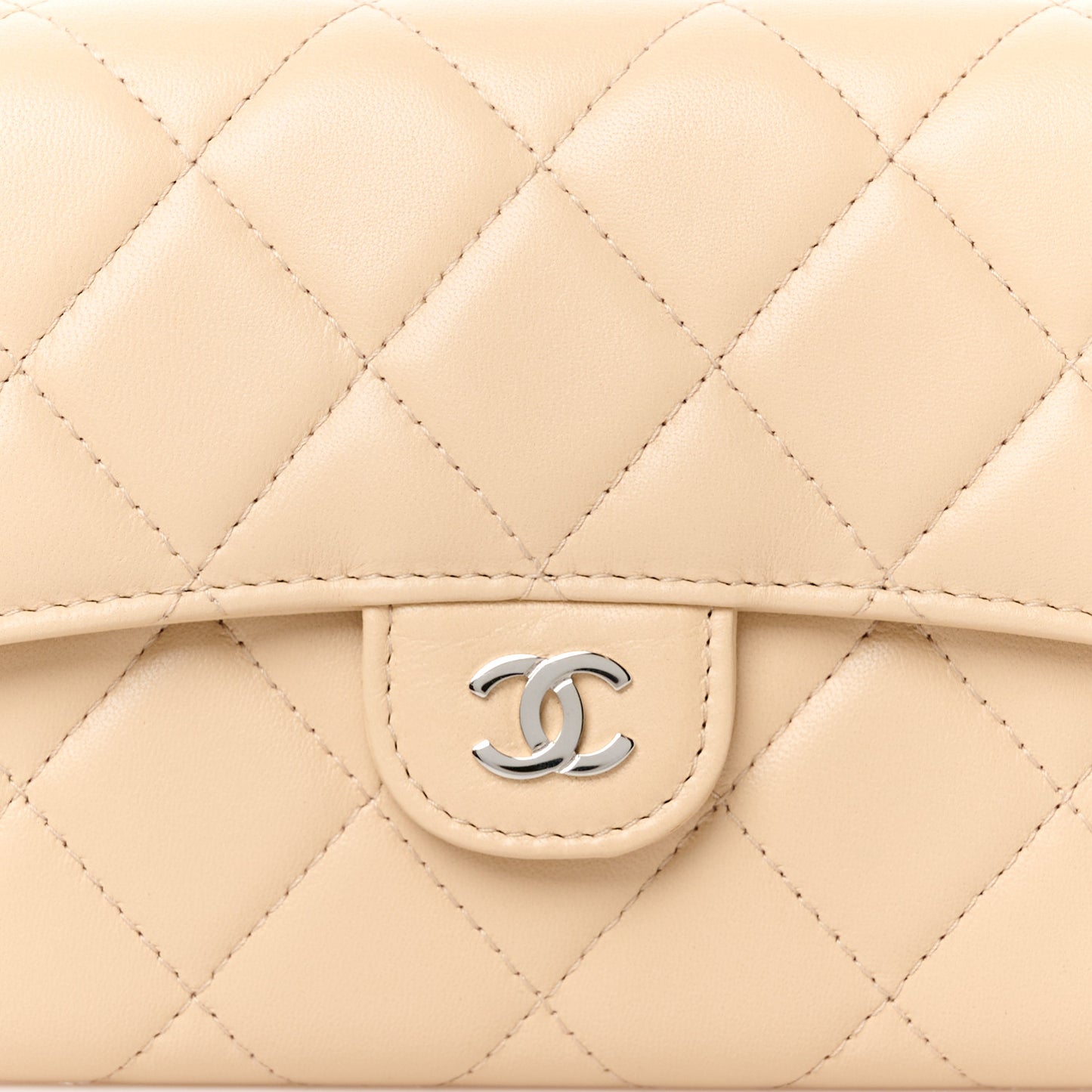 Lambskin Quilted CC Large Gusset Flap Wallet Beige