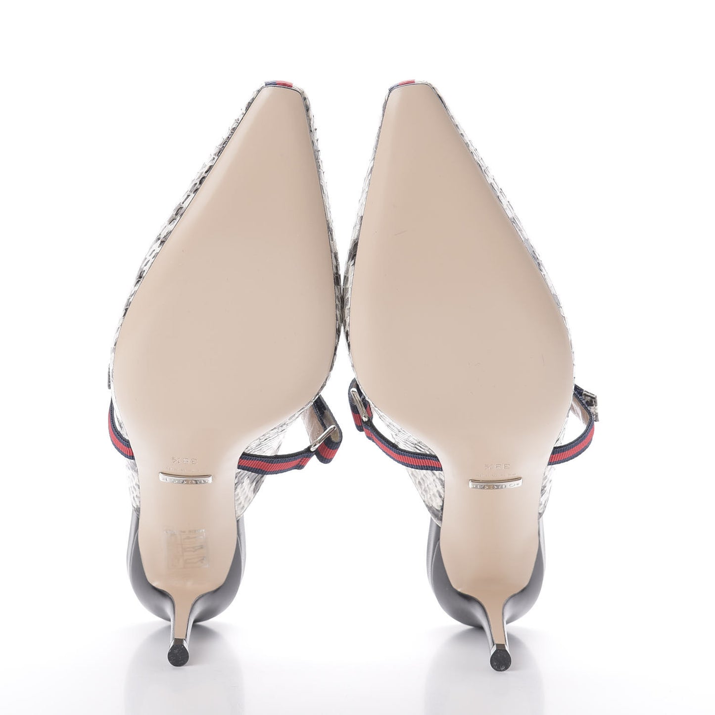 Elaphe Snakeskin Sylvie Web Cross Strap Mid-Heel Slides 38.5 New Roccia