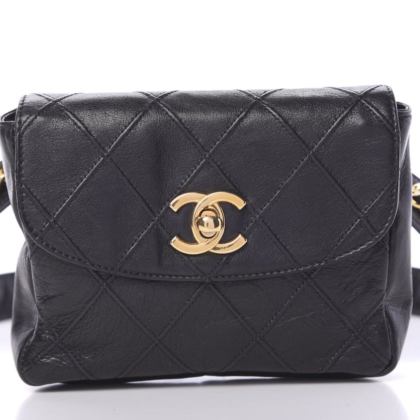 Calfskin Diamond Embossed Flap Waist Belt Bag Black