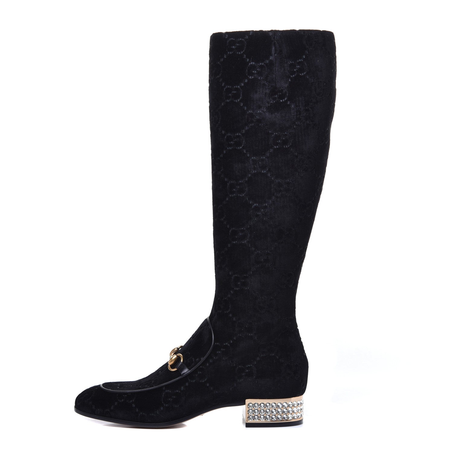 Gucci Velvet GG Monogram Crystal Horsebit Knee High Boots 39.5 Black 1 of 9
