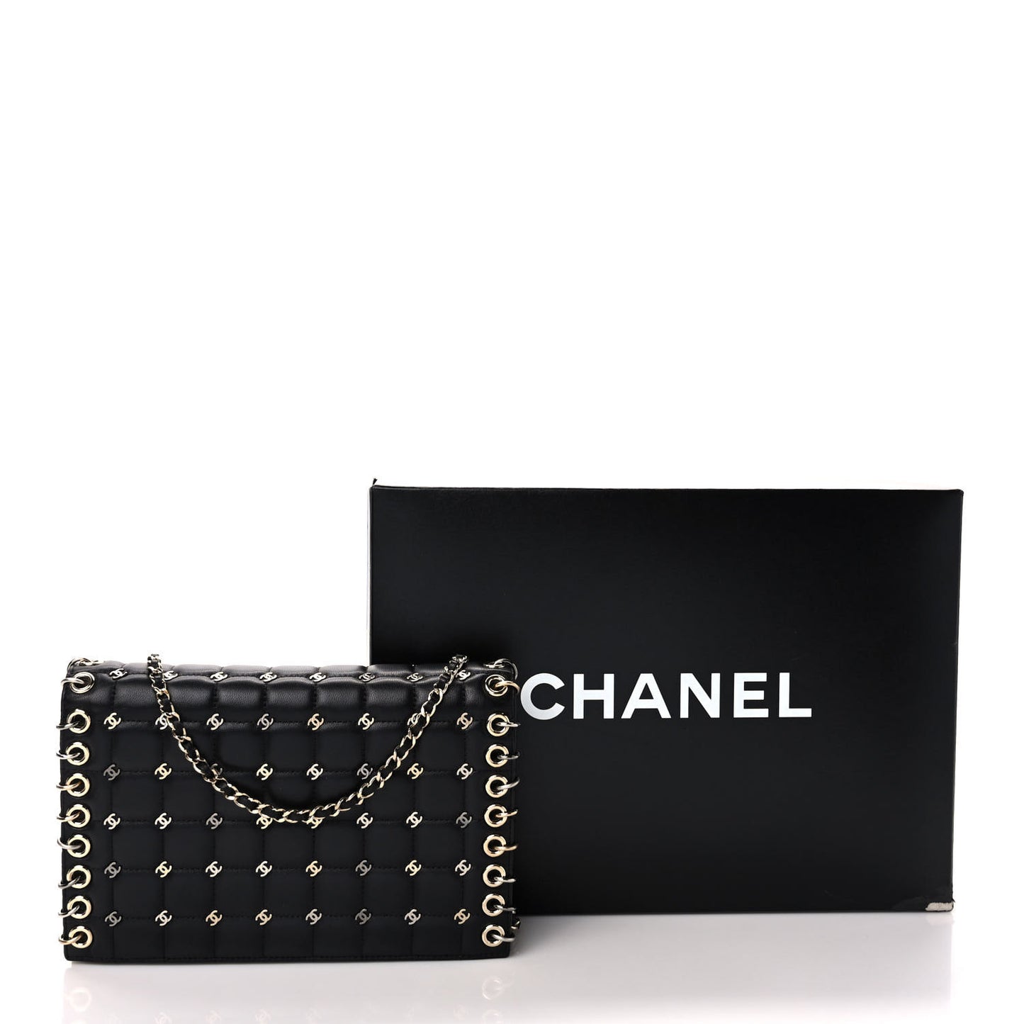 Lambskin Chocolate Bar Piercing CC Studded Small Chain Flap Bag Black