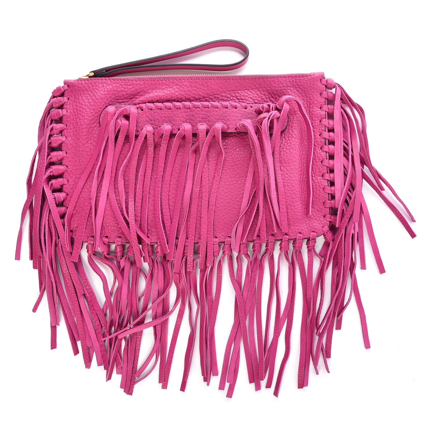 Grained Calfskin Rockee Fringe Clutch Fuxia