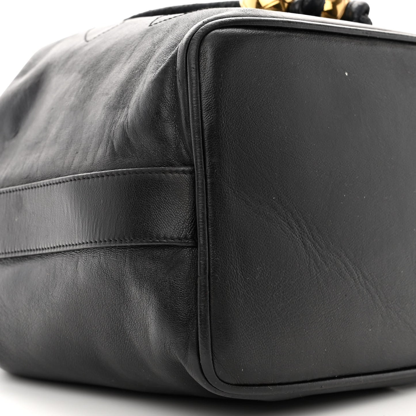 Lambskin CC Stitched Drawstring Bucket Bag Black
