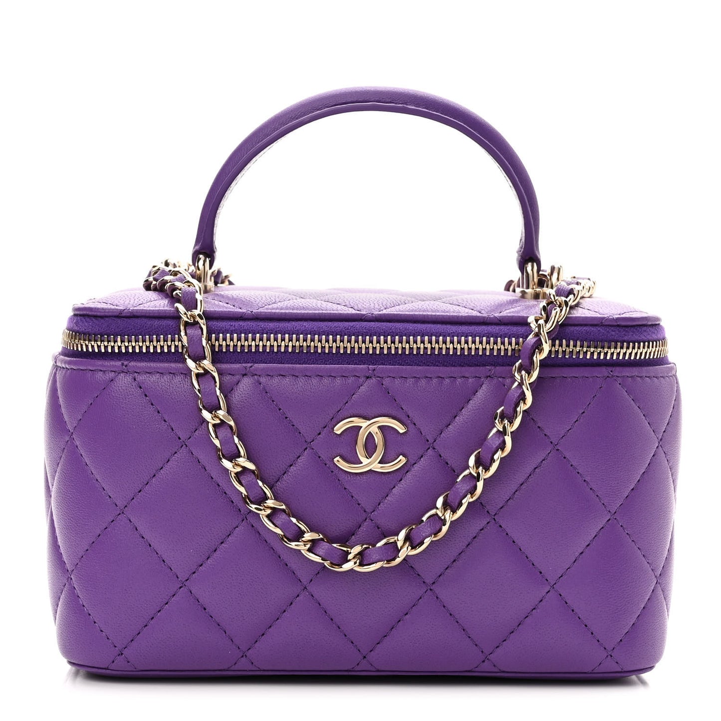 Lambskin Quilted Small Top Handle Vanity Case With Chain Purple