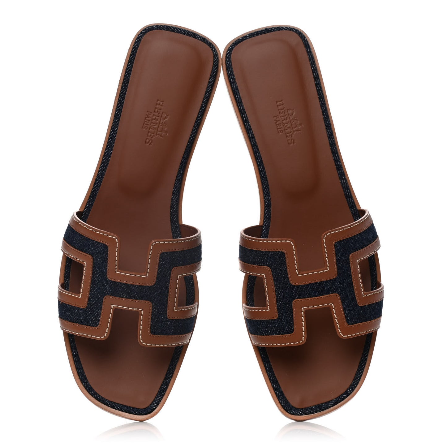 Calfskin Denim Oran Sandals 38.5 Bleu Brut Gold