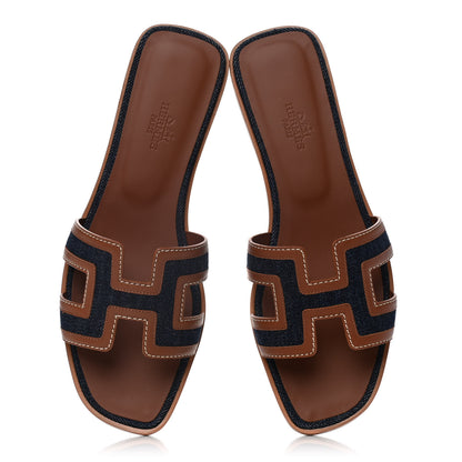 Hermes Calfskin Denim Oran Sandals 38.5 Bleu Brut Gold 5 of 9