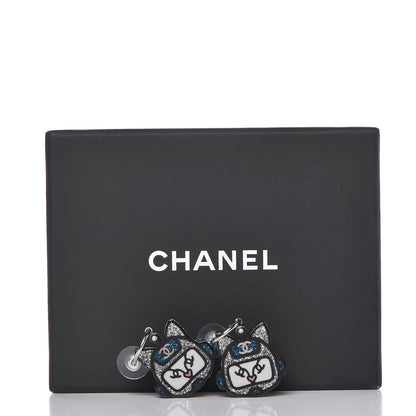 Chanel Resin Emoji Robot Cat Dangle Earrings Black Iridescent Grey 5 of 5