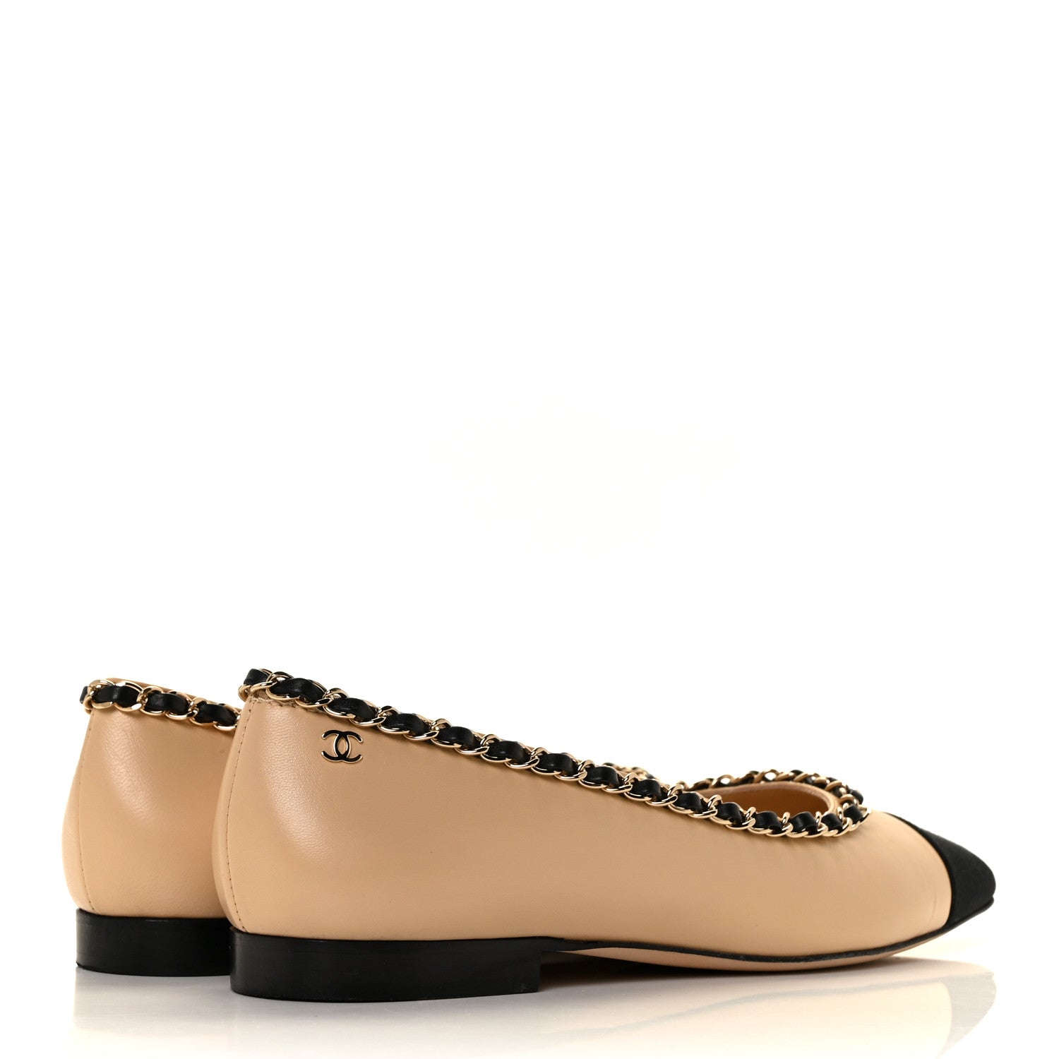 Chanel Lambskin Grosgrain Chain Cap Toe Flats 37.5 Beige Black 4 of 9