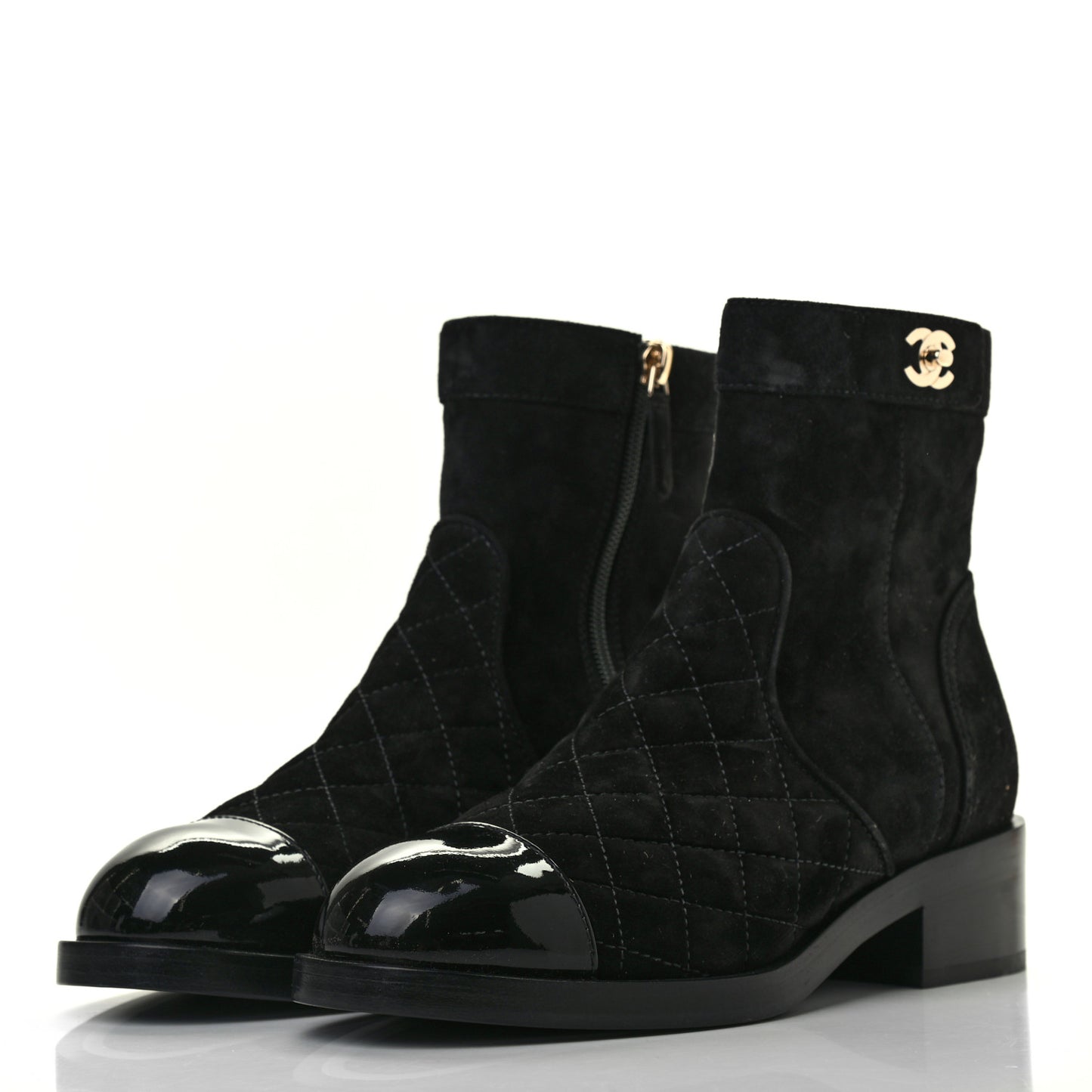 Suede Patent Calfskin Quilted Cap Toe Short Boots 37.5 Black