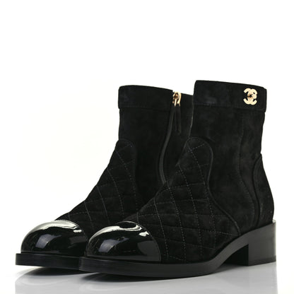 Chanel Suede Patent Calfskin Quilted Cap Toe Short Boots 37.5 Black 3 of 8