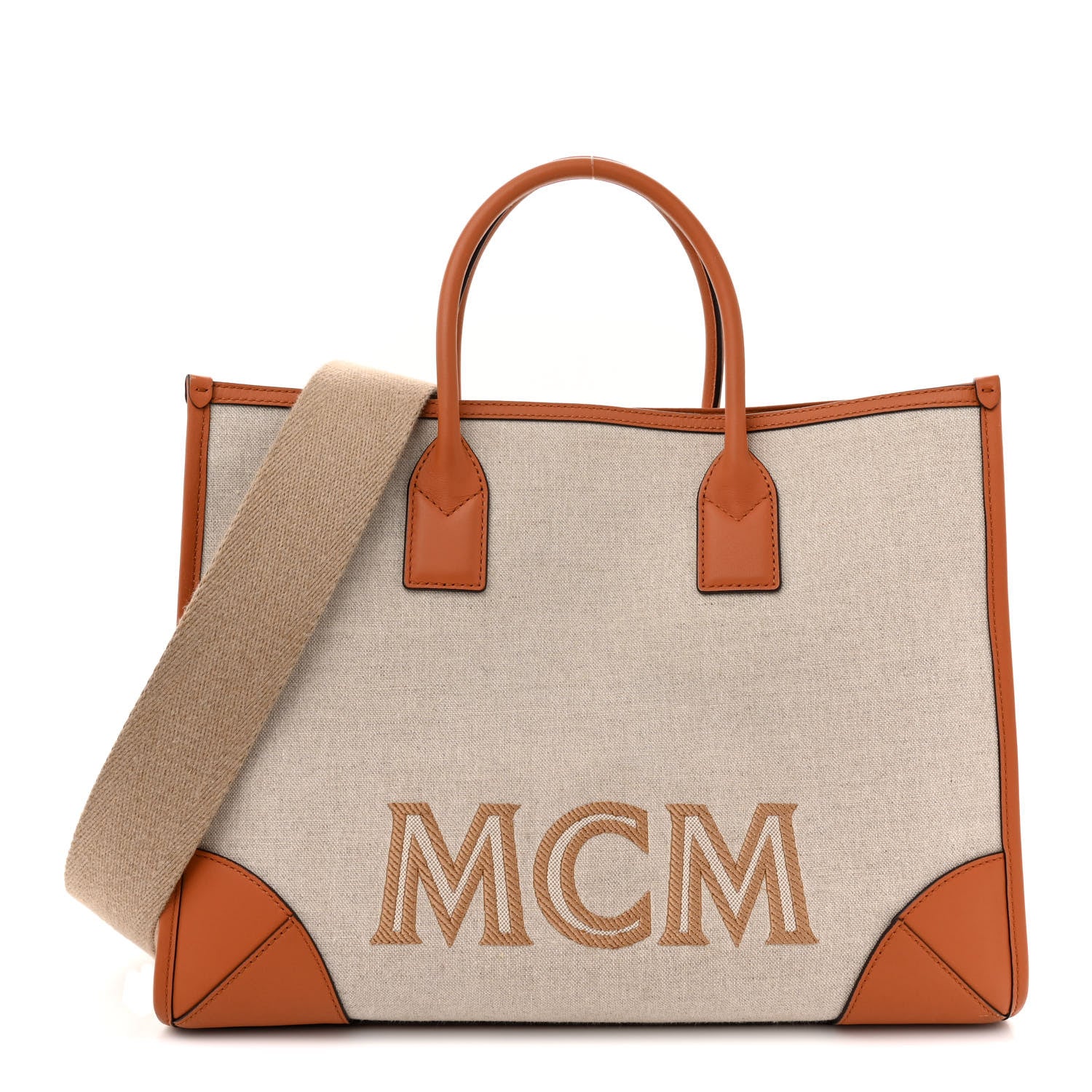 MCM Calfskin Linen Large Munchen Tote Cognac 1504748 – FASHIONPHILE