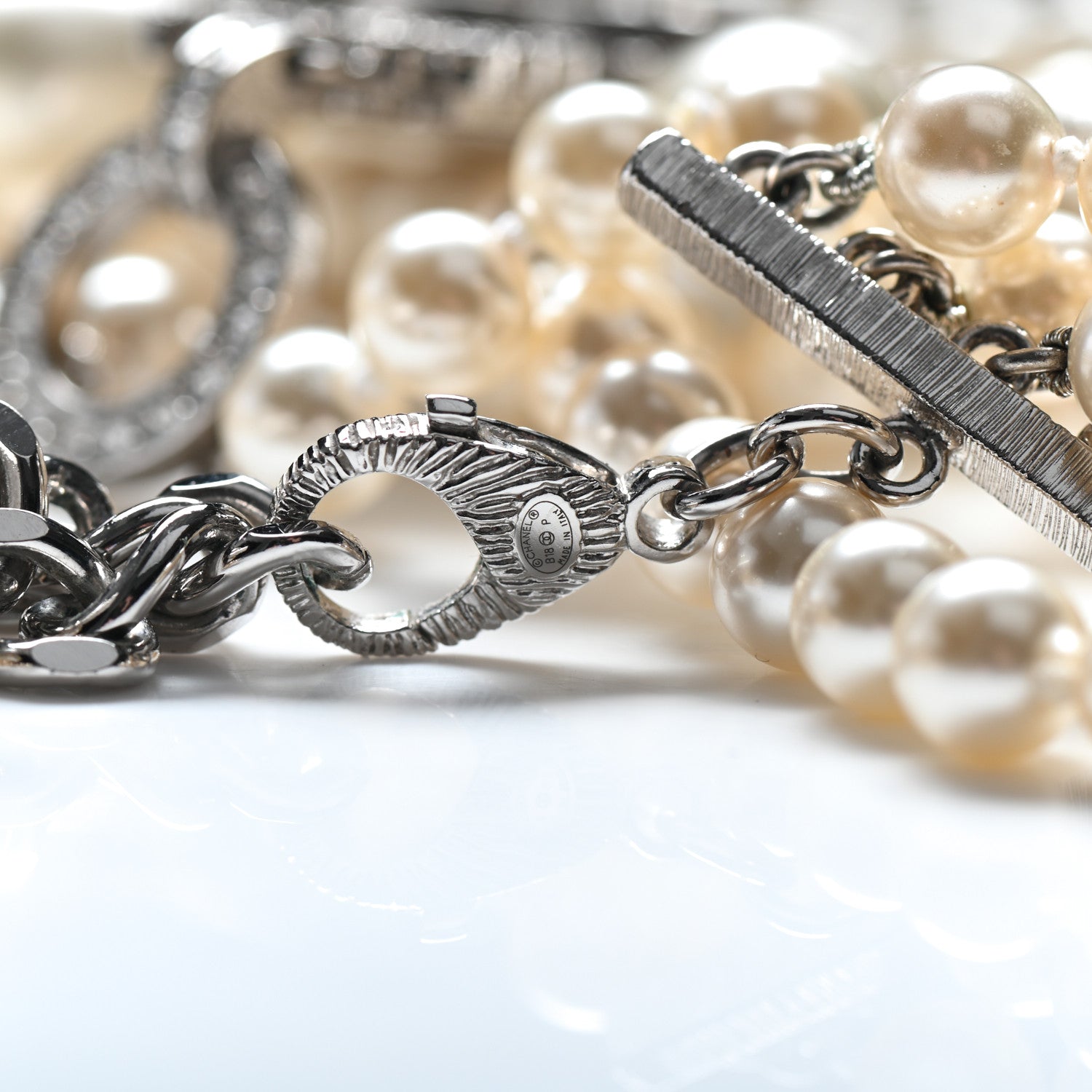 Chanel Pearl Crystal Baguette Double Strand CC Necklace Silver 4 of 5
