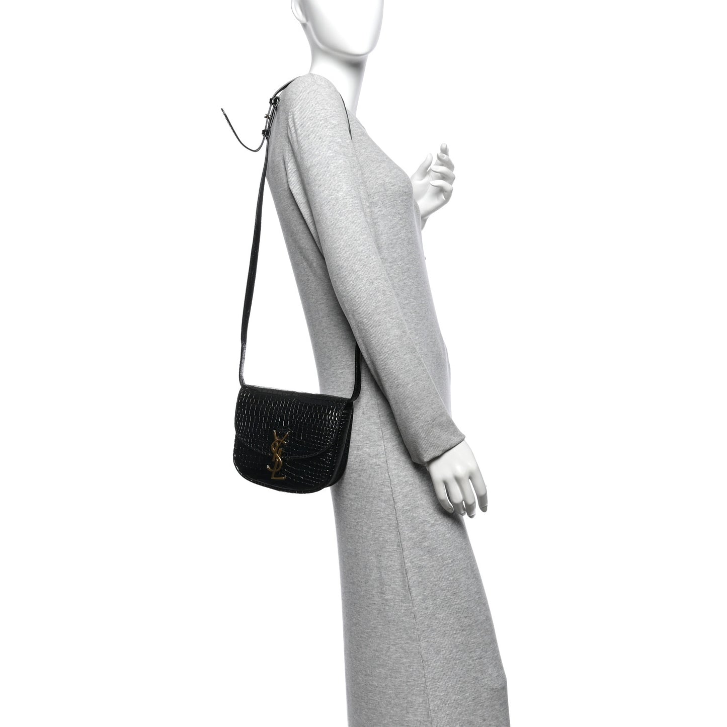 Crocodile Embossed Calfskin Small Kaia Satchel Black