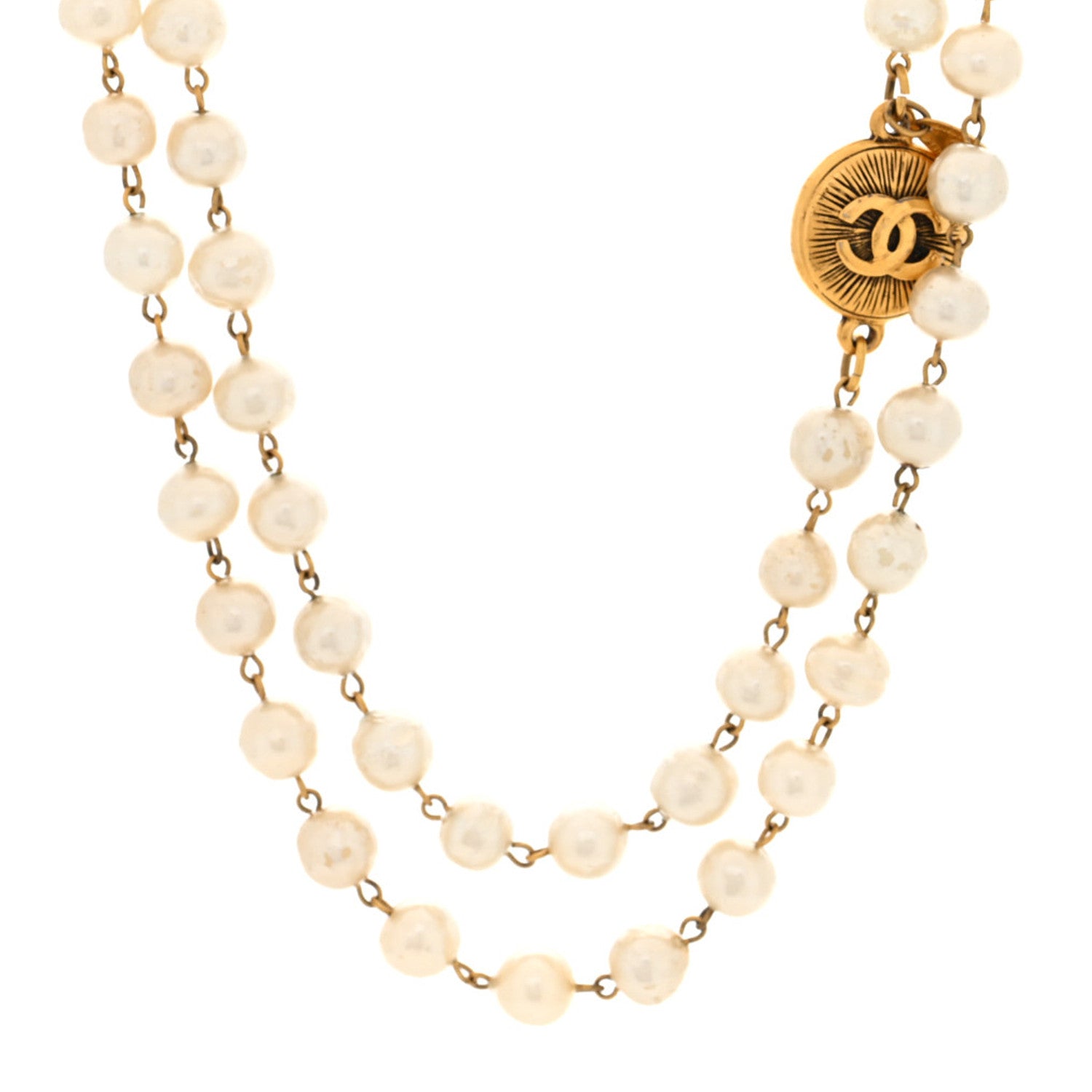 Chanel Metal Pearl CC Long Strand Necklace Gold White 1 of 4