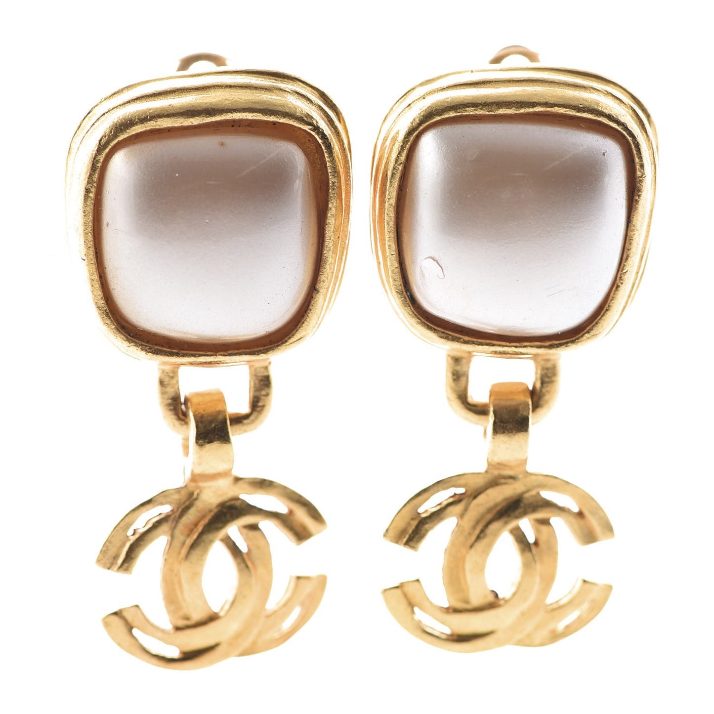Pearl CC Dangle Clip On Earrings Gold