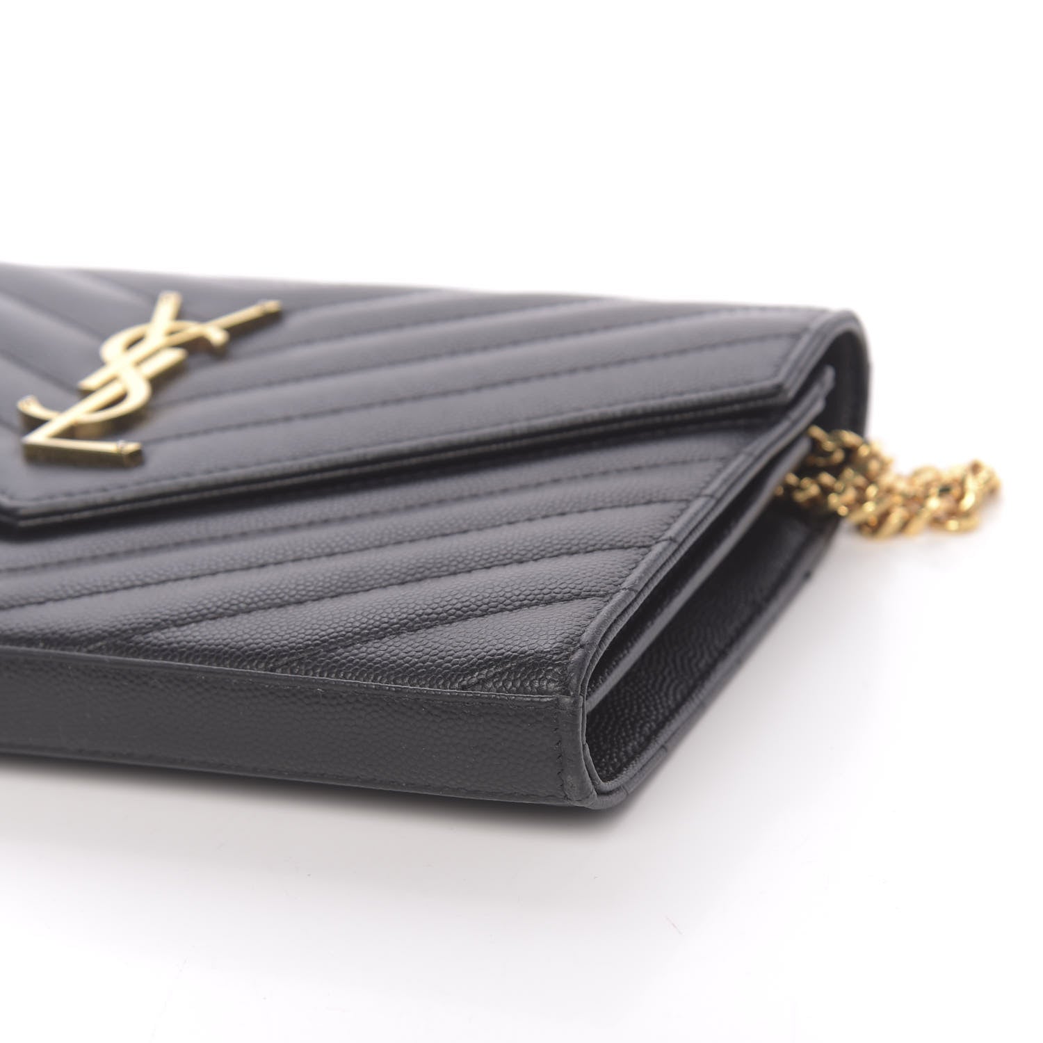Saint Laurent Grain De Poudre Matelasse Chevron Monogram Chain Wallet Black 9 of 14