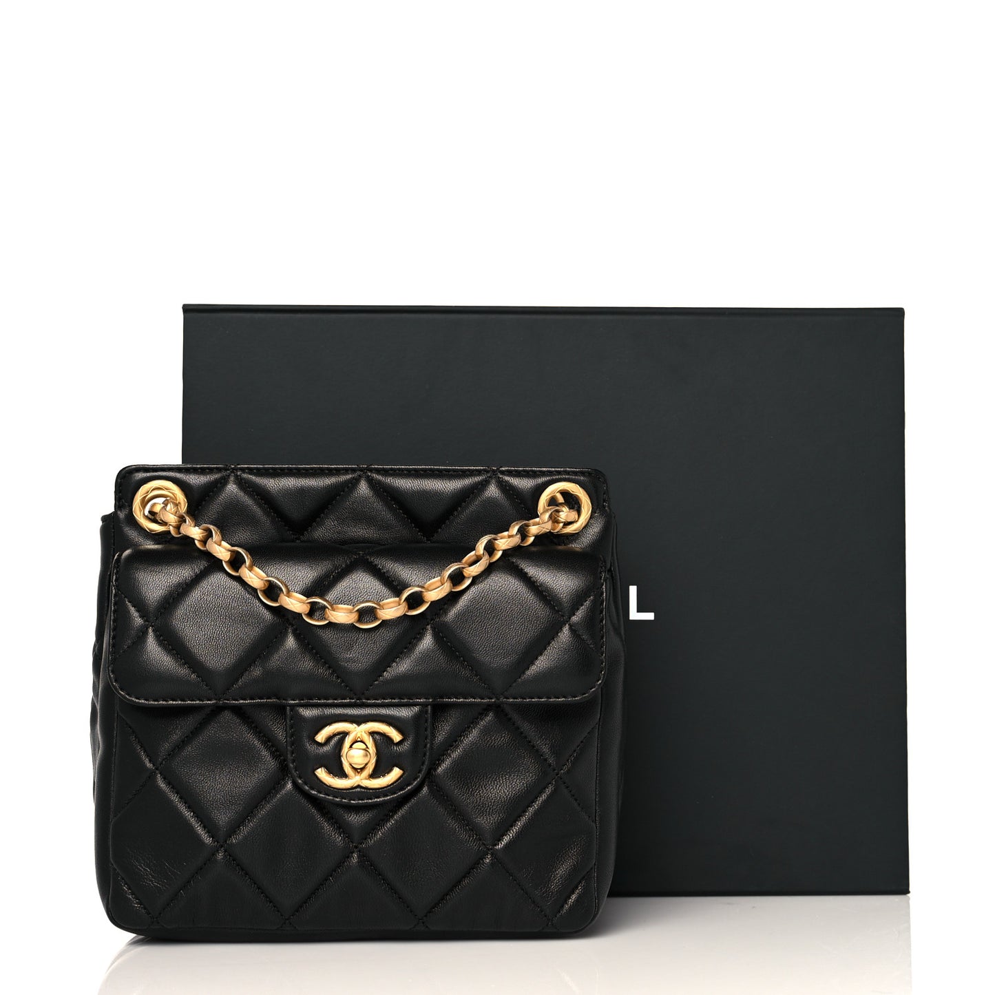 Lambskin Quilted Small Drawstring Shopping Bag With Flap Black
