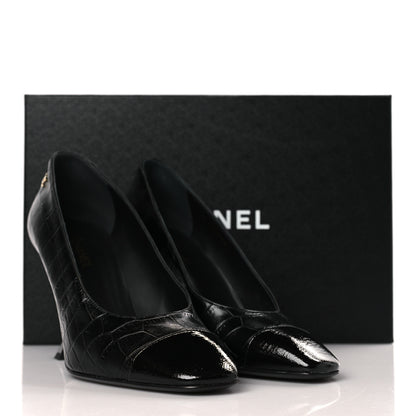 Chanel Crocodile Embossed Crumpled Patent Cap Toe Pumps 39 Black 10 of 10