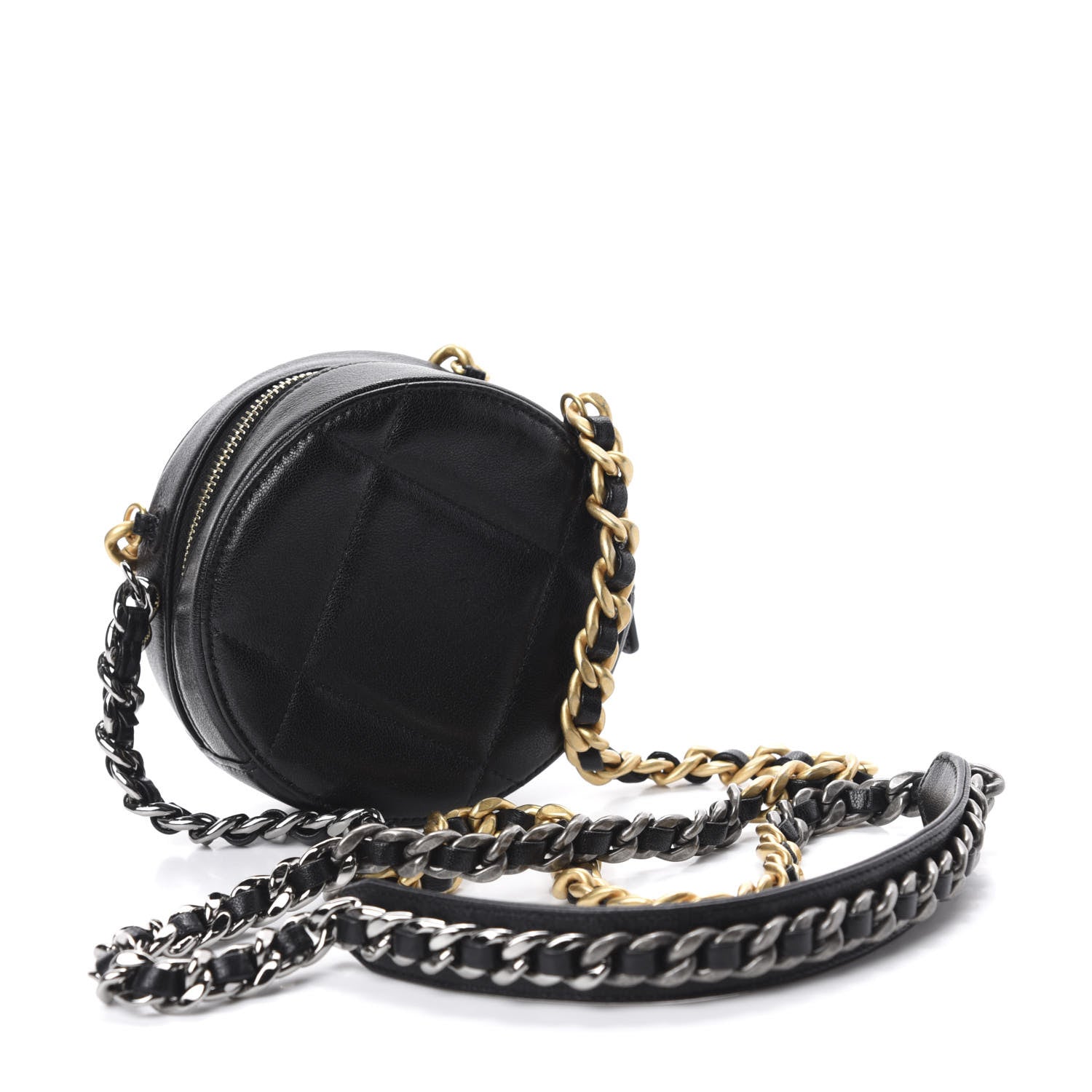 Chanel Shiny Goatskin Quilted 19 Round Clutch With Chain Black 3 of 11