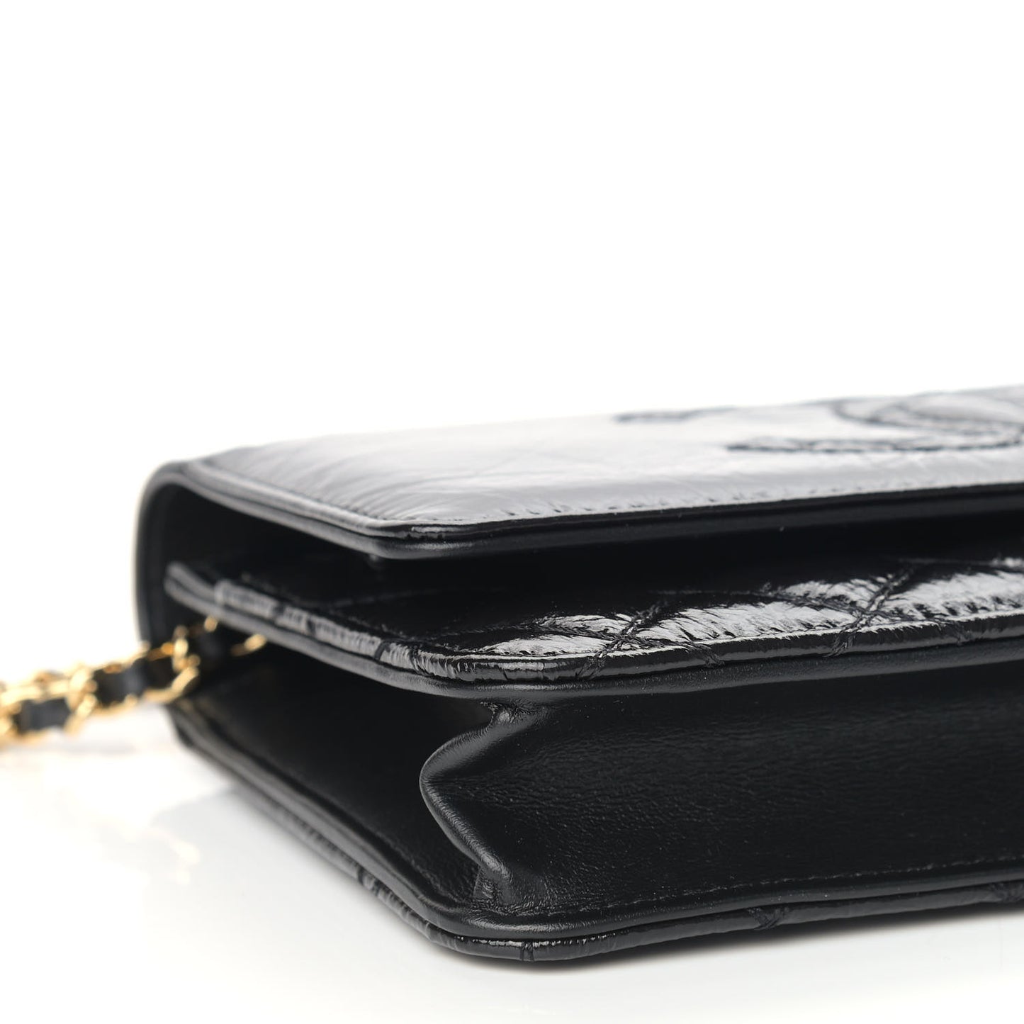 Shiny Aged Calfskin Quilted CC Wallet On Chain WOC Black