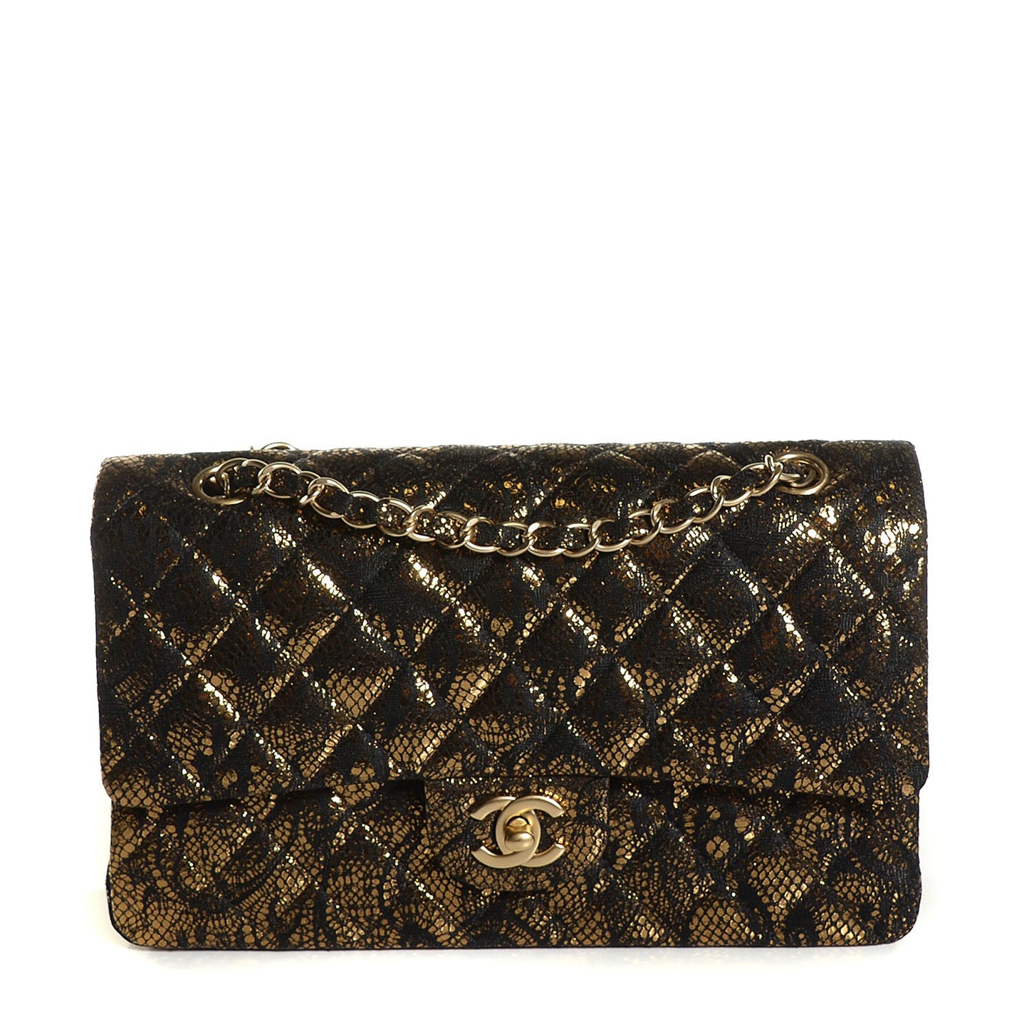 Lace Metallic Goatskin Medium Double Flap Gold
