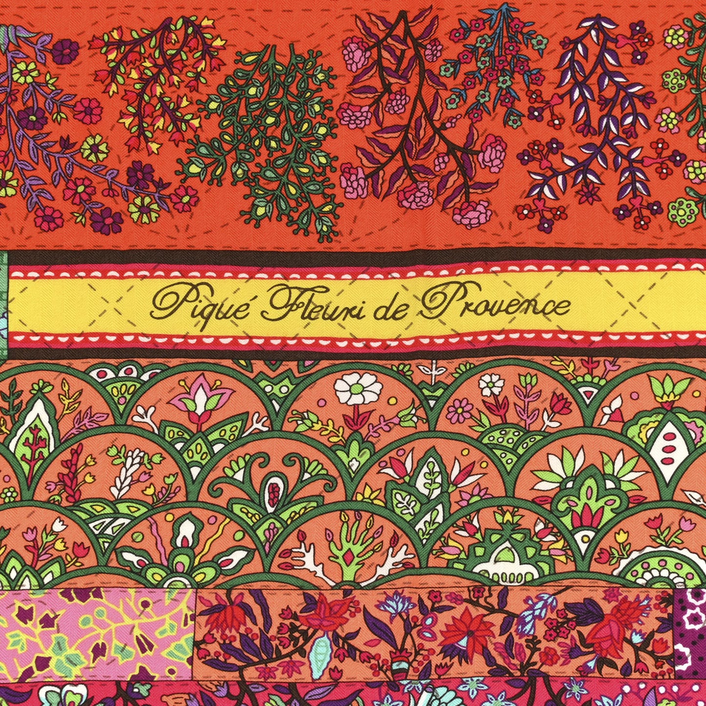 Cashmere Silk Pique Fleuri de Provence Shawl 140 Rouge Orange Turquoise