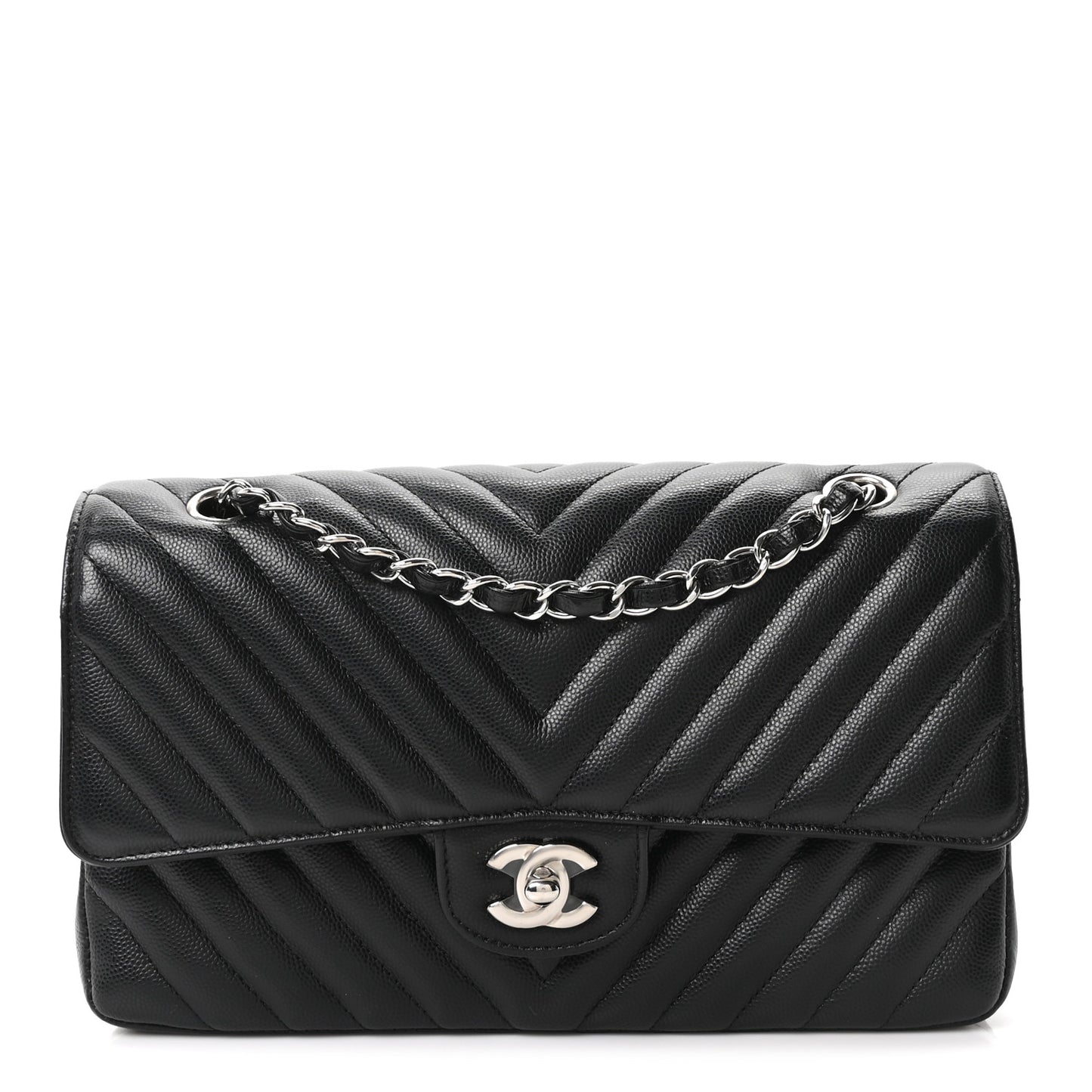 Caviar Chevron Quilted Medium Double Flap Black