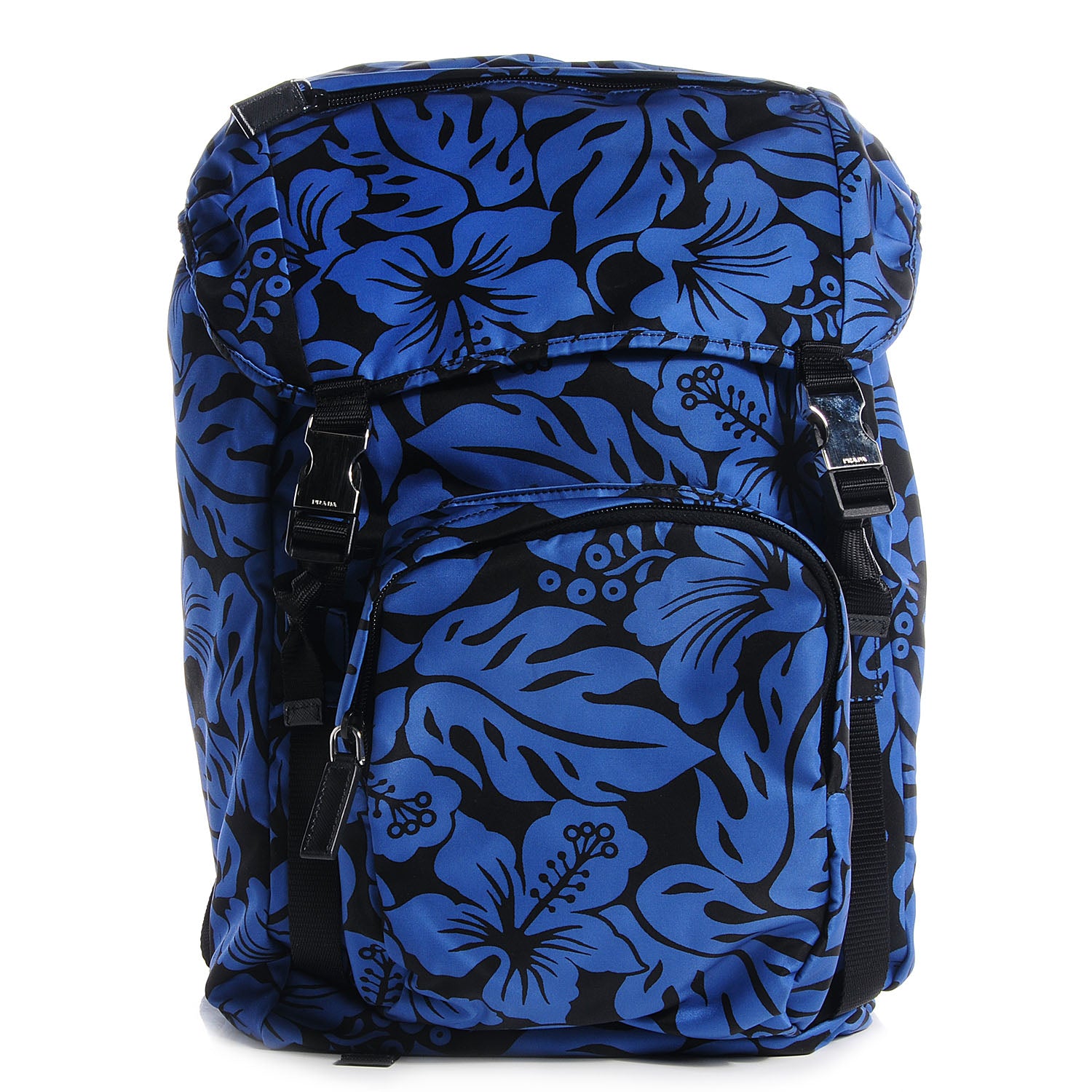 Prada Tessuto Hibiscus Print Double Buckle Backpack Blue 1 of 9