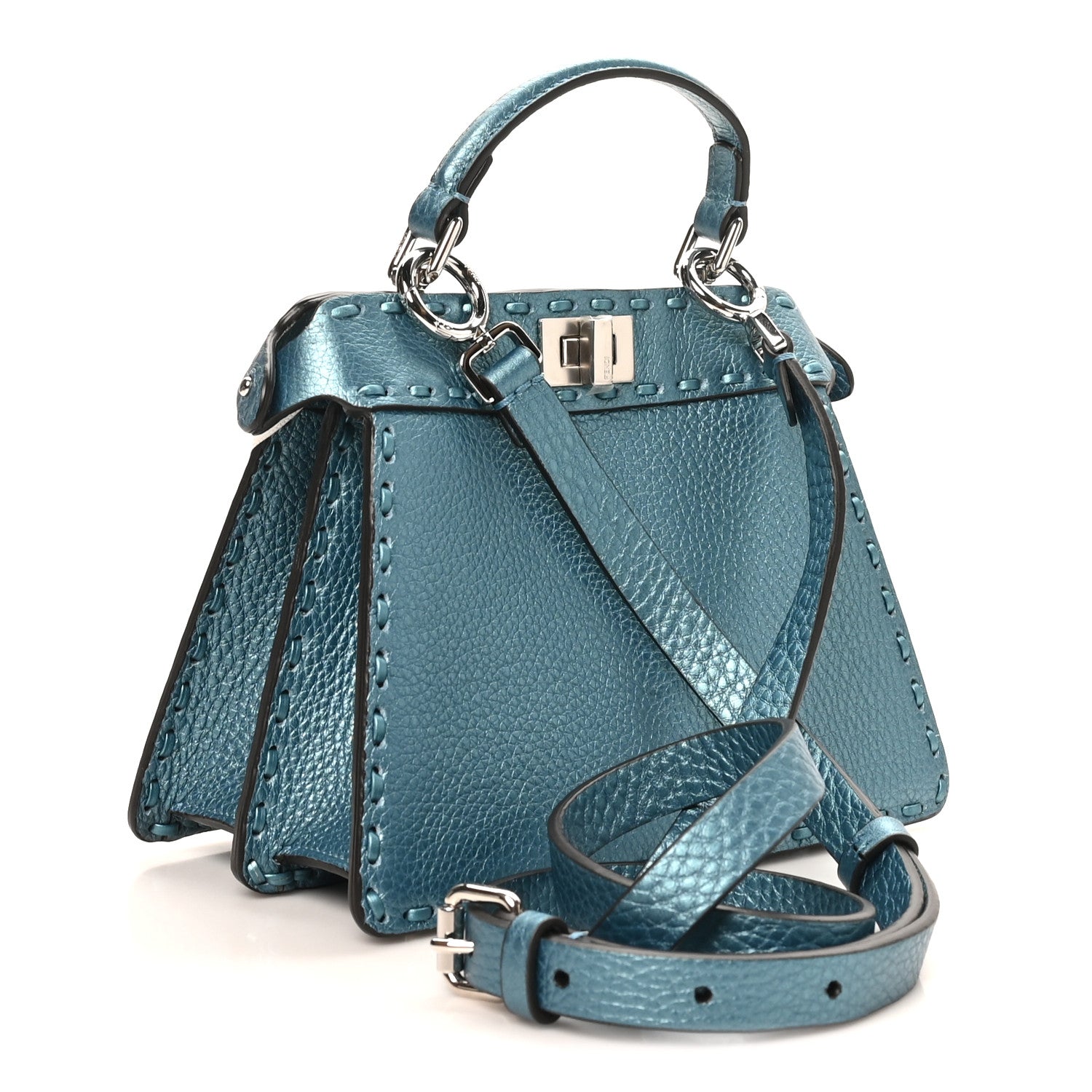 Fendi Metallic Cuoio Roma Sellerissima Nappa Sintetica Tape Stitch Petite Peekaboo I SEE U Iconic Satchel Placca Argento 3 of 9