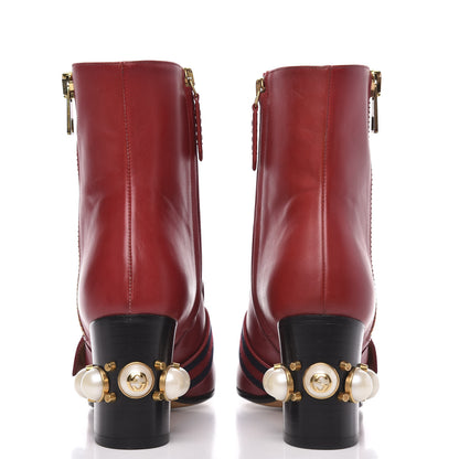 Gucci Calfskin Web Pearl Embellished Peyton Ankle Boots 37 Red 5 of 9
