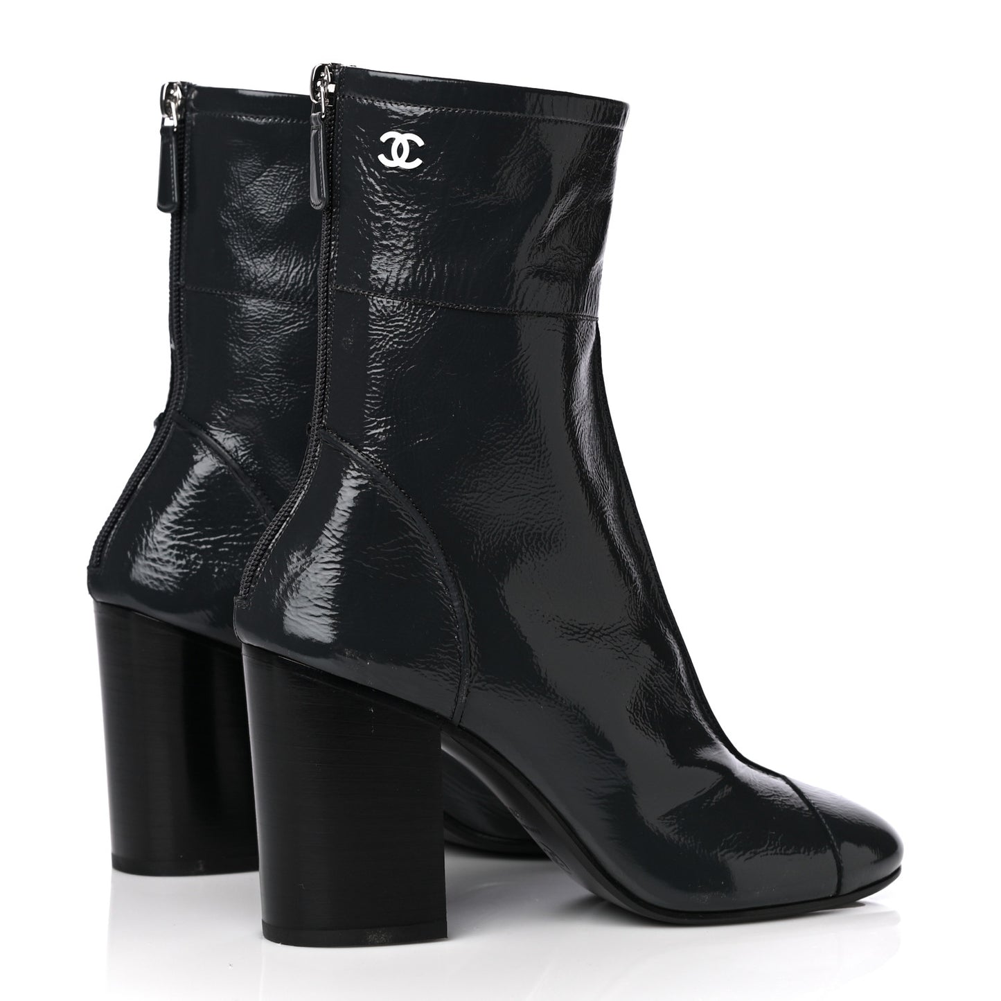 Shiny Crumpled Calfskin CC Cap Toe Short Boots 38.5 Dark Grey
