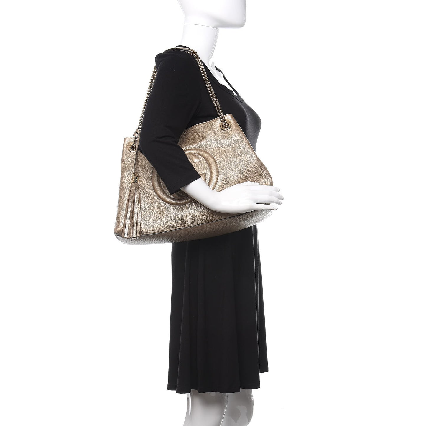 Metallic Pebbled Calfskin Medium Soho Chain Shoulder Bag Golden Beige