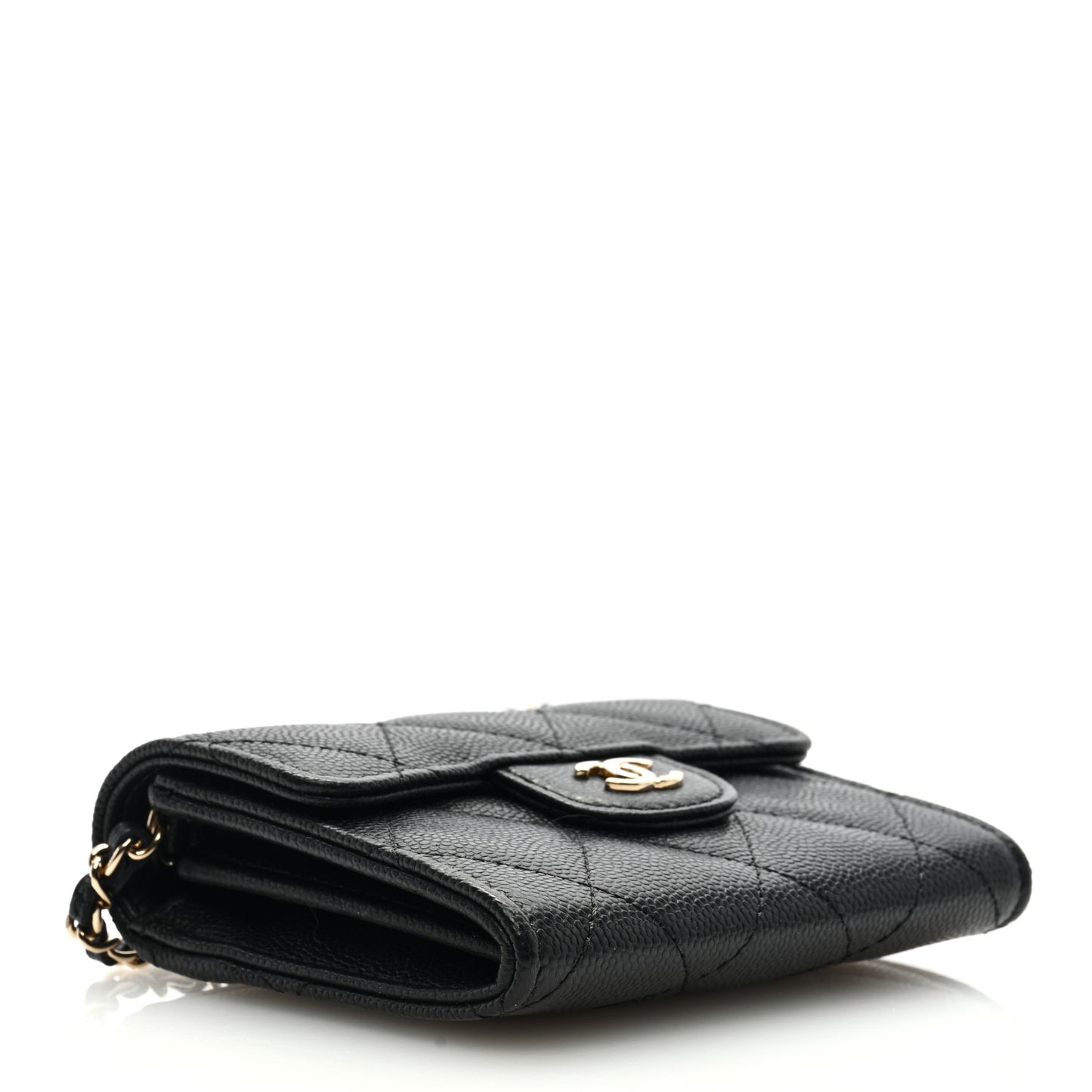 Caviar Quilted Flap Card Holder On Chain Black