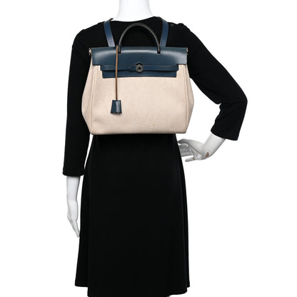 Hermes Toile Vache Calfskin Herbag 30 PM Backpack Navy Bleu Natural 2 of 17