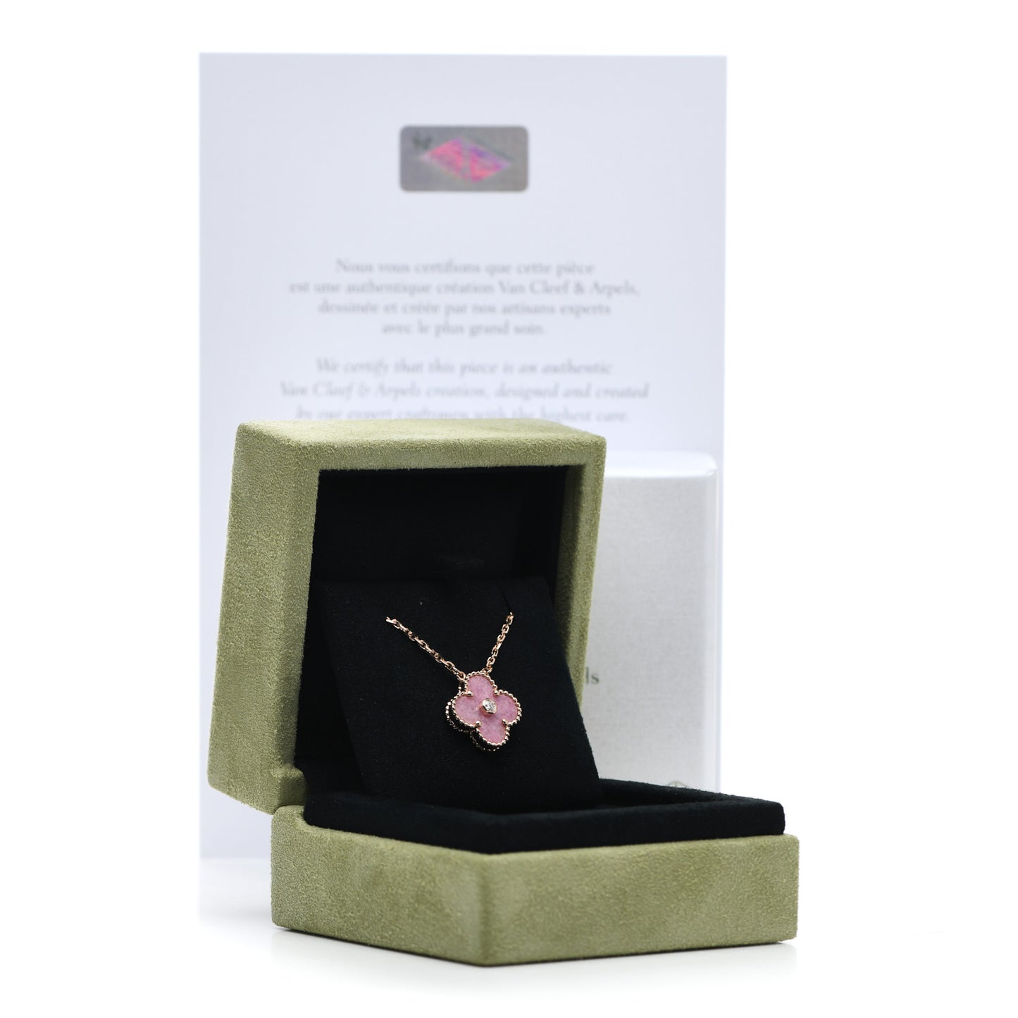18K Rose Gold Diamond Rhodonite Vintage Alhambra Pendant Necklace