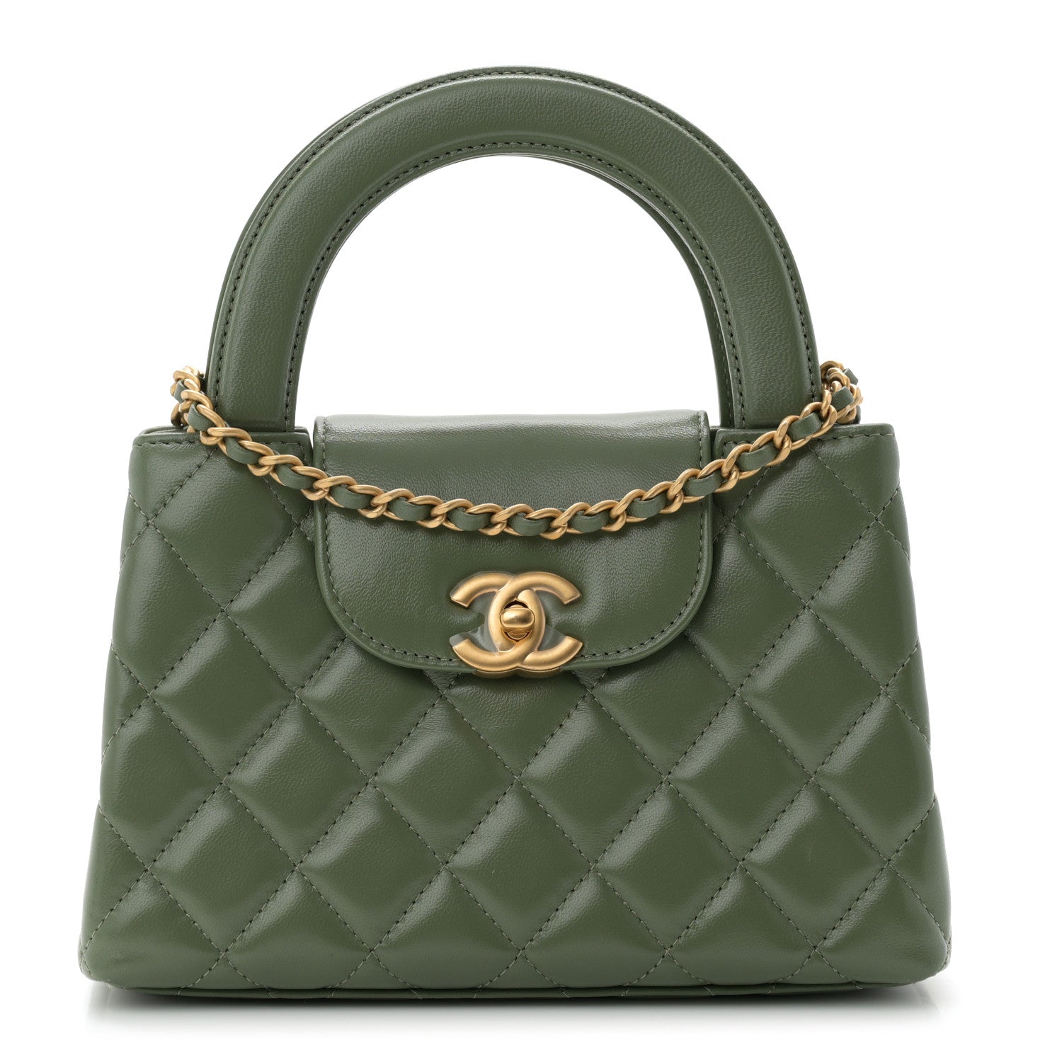 Chanel Shiny Aged Calfskin Quilted Nano Kelly Shopper Khaki 1 of 10