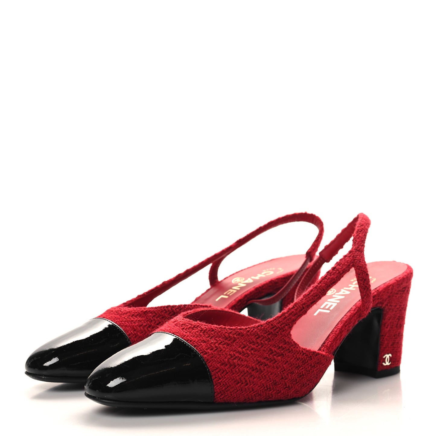 Tweed Patent Cap Toe CC Slingback Pumps 41 Red Black