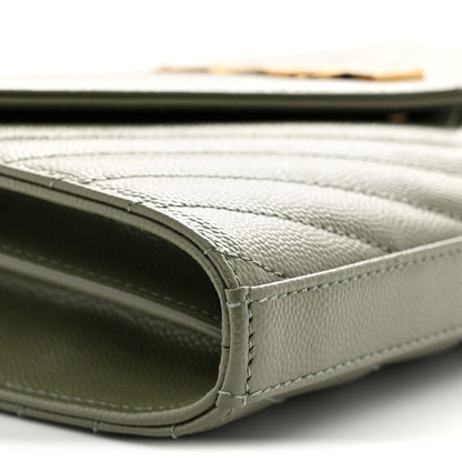 Saint Laurent Grain De Poudre Matelasse Chevron Monogram Chain Wallet Light Sage 9 of 10