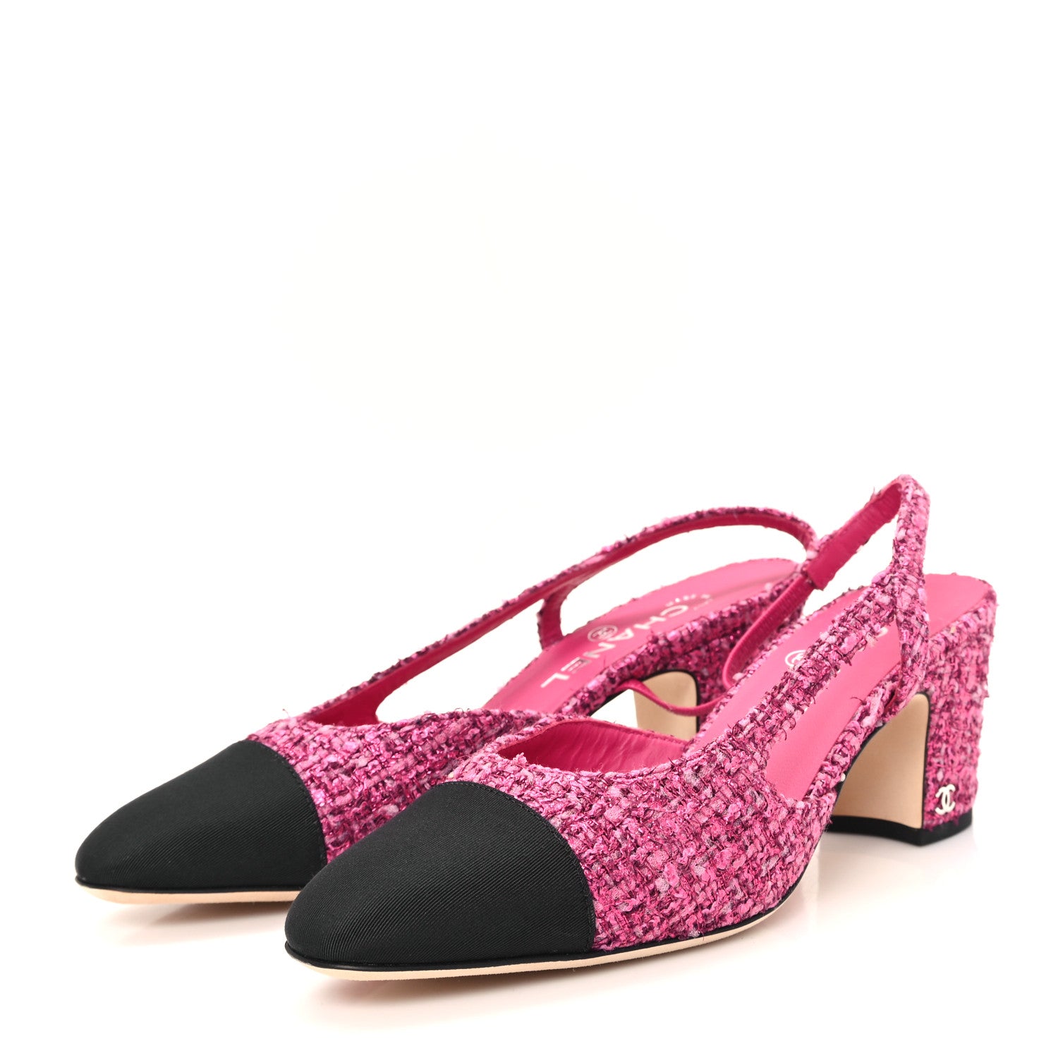 Chanel Tweed Grosgrain Cap Toe CC Slingback Pumps 39 Pink Black 4 of 10