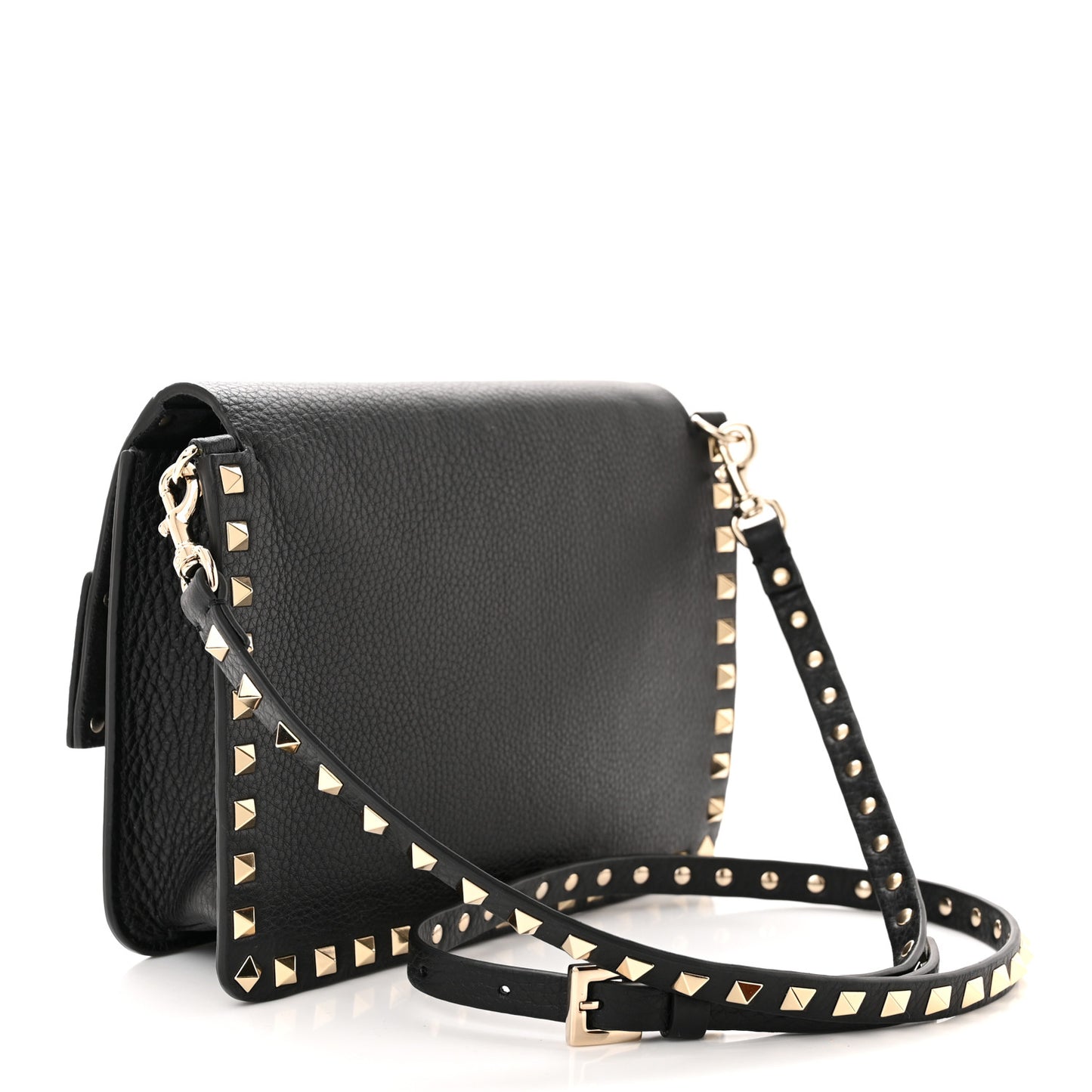 Pebbled Calfskin Rockstud Side Slip Crossbody Black