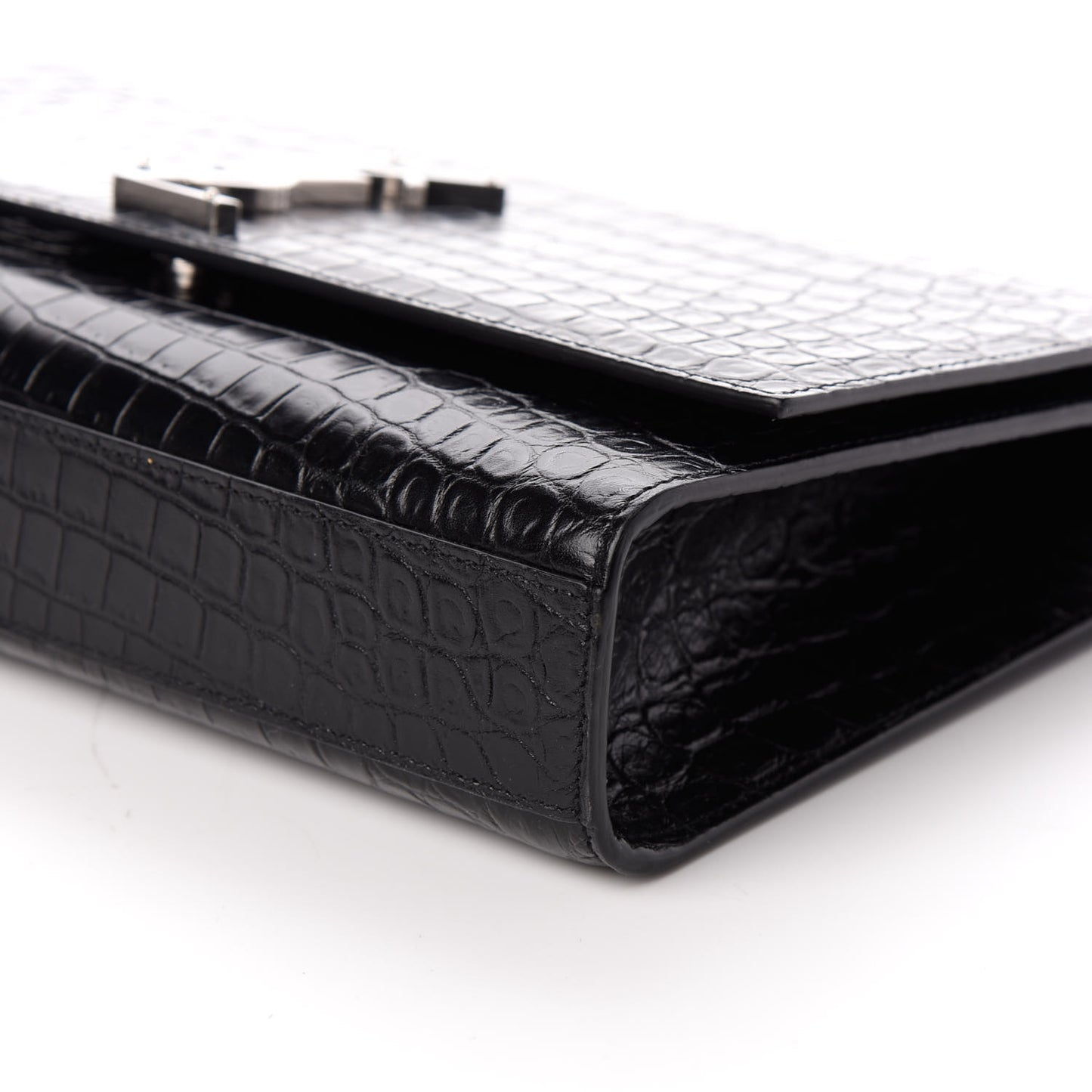 Calfskin Crocodile Embossed Large Classic Monogram Kate Satchel Black