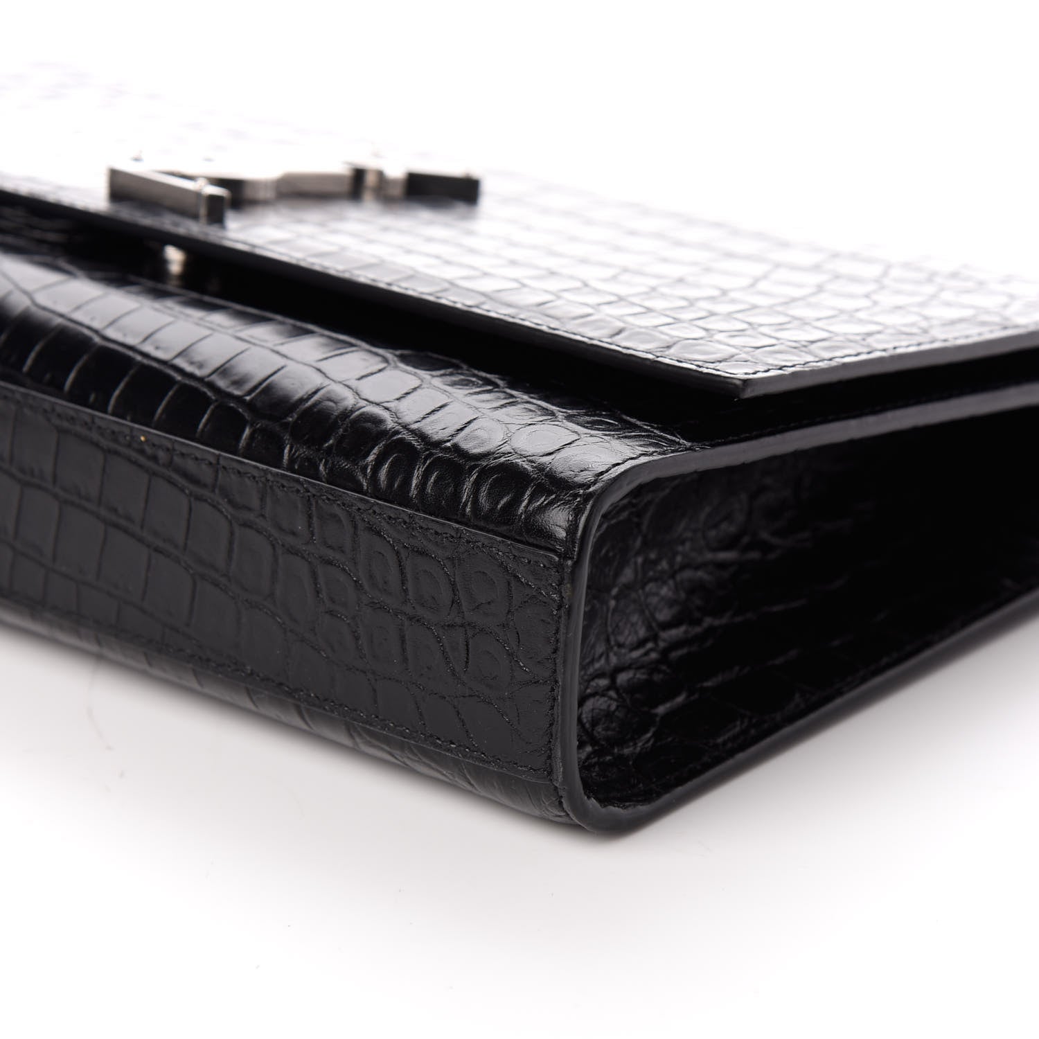 Saint Laurent Calfskin Crocodile Embossed Large Classic Monogram Kate Satchel Black 9 of 9