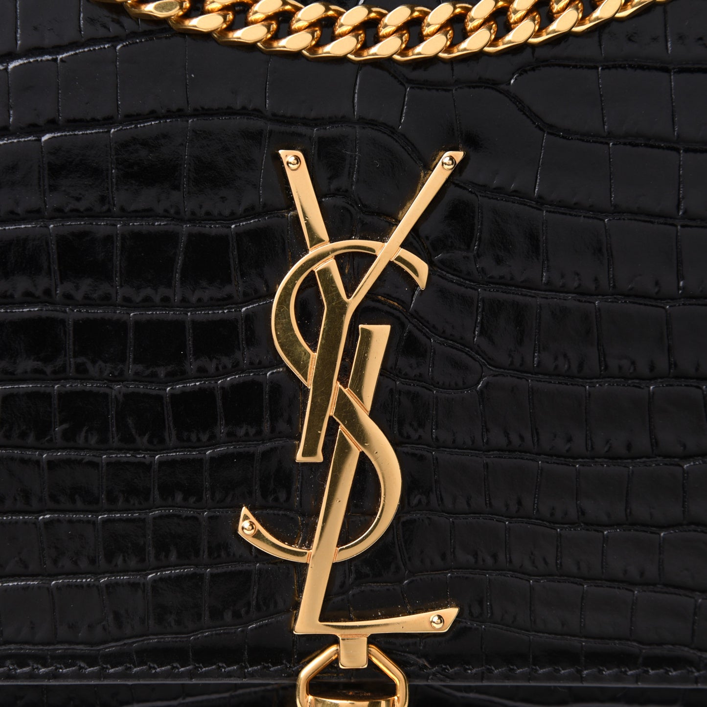Calfskin Crocodile Embossed Medium Classic Monogram Kate Tassel Satchel Black