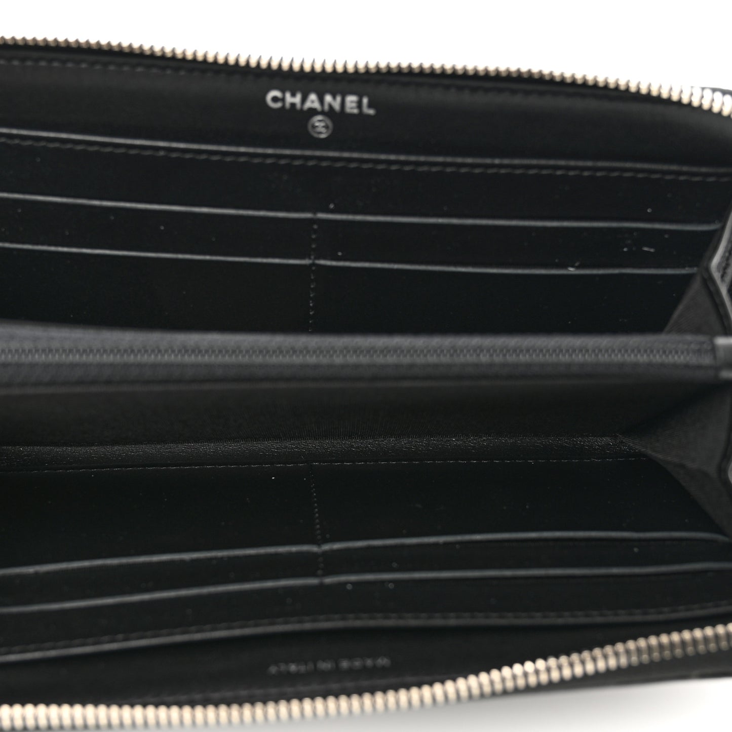 Iridescent Lambskin Camellia Embossed Large Zip Around Gusset Wallet Black