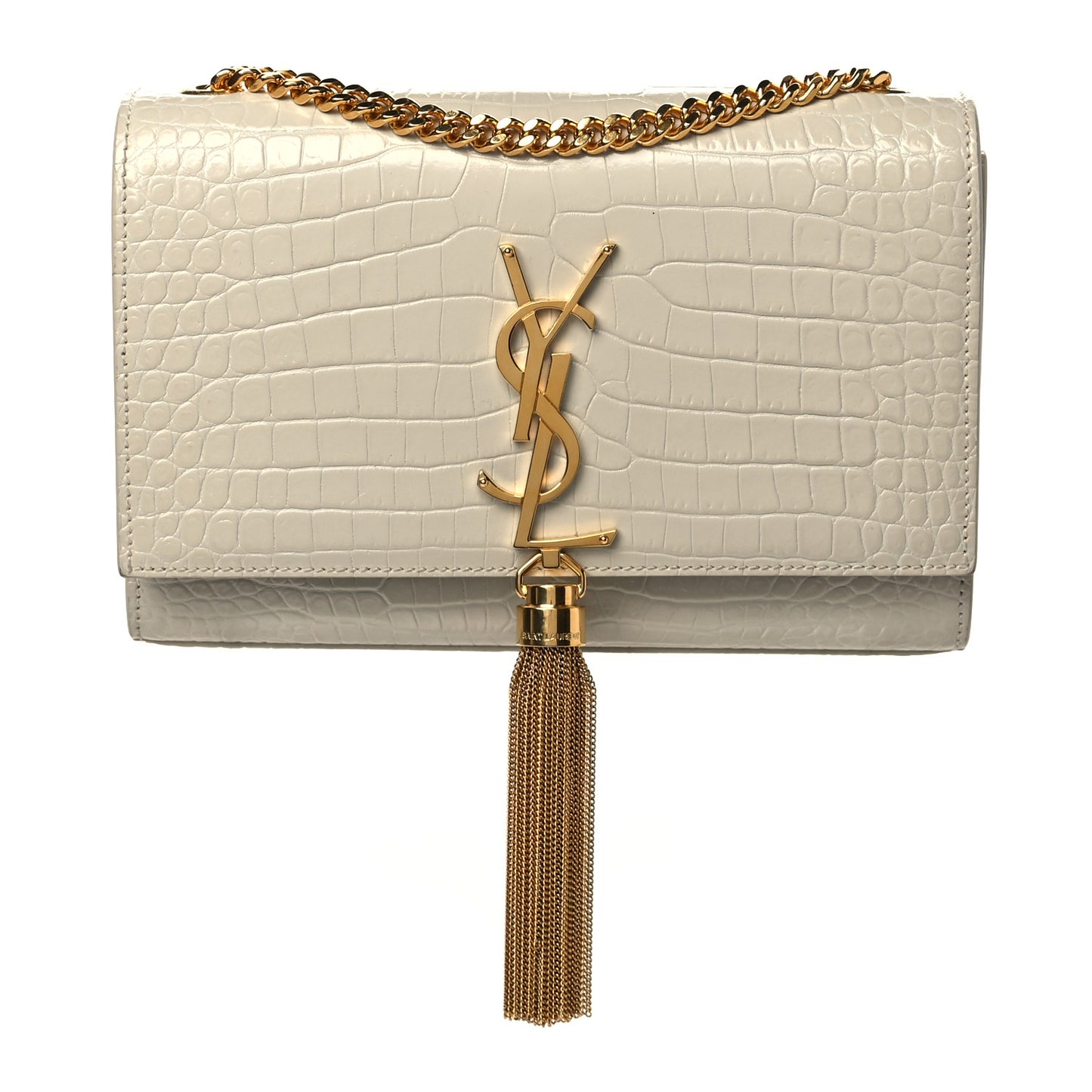 Calfskin Crocodile Embossed Small Classic Monogram Kate Tassel Satchel Crema Soft